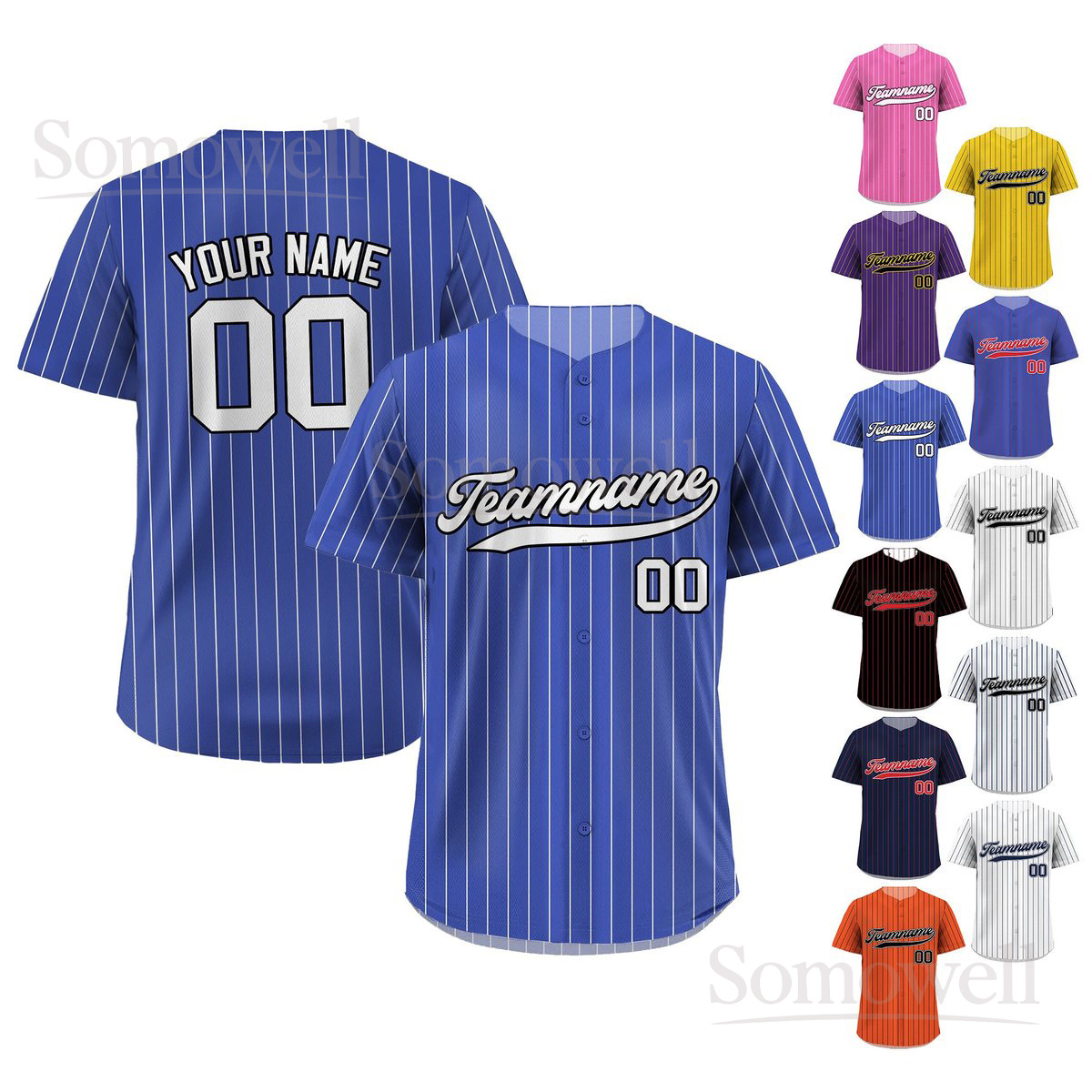 Printed Royal Blue White Pinstripe Custom Baseball Jersey with Teamname Name Number Classic Uniform Multi Color Edition
