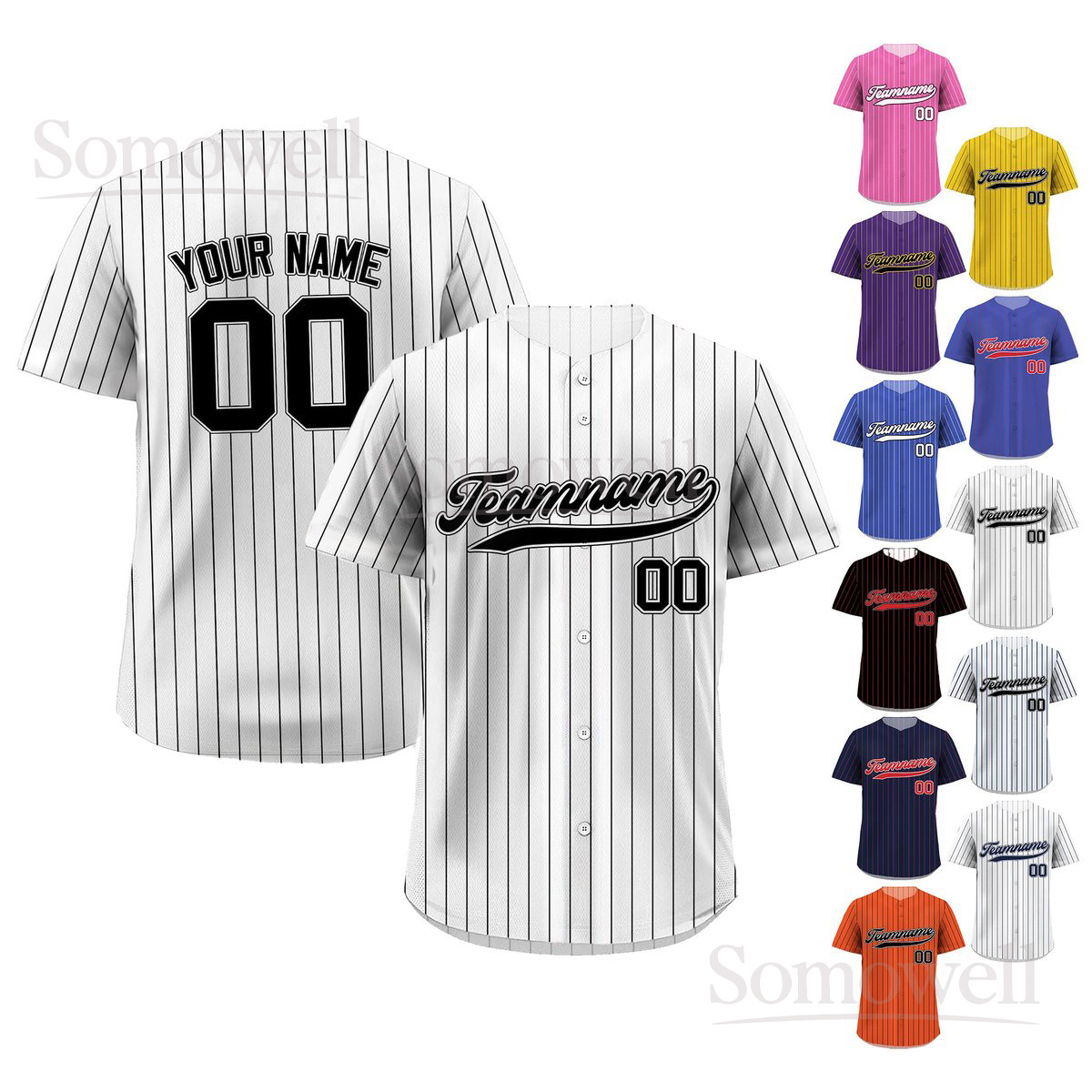 Printed White Black Pinstripe Custom Baseball Jersey with Teamname Name Number in Multiple Colors