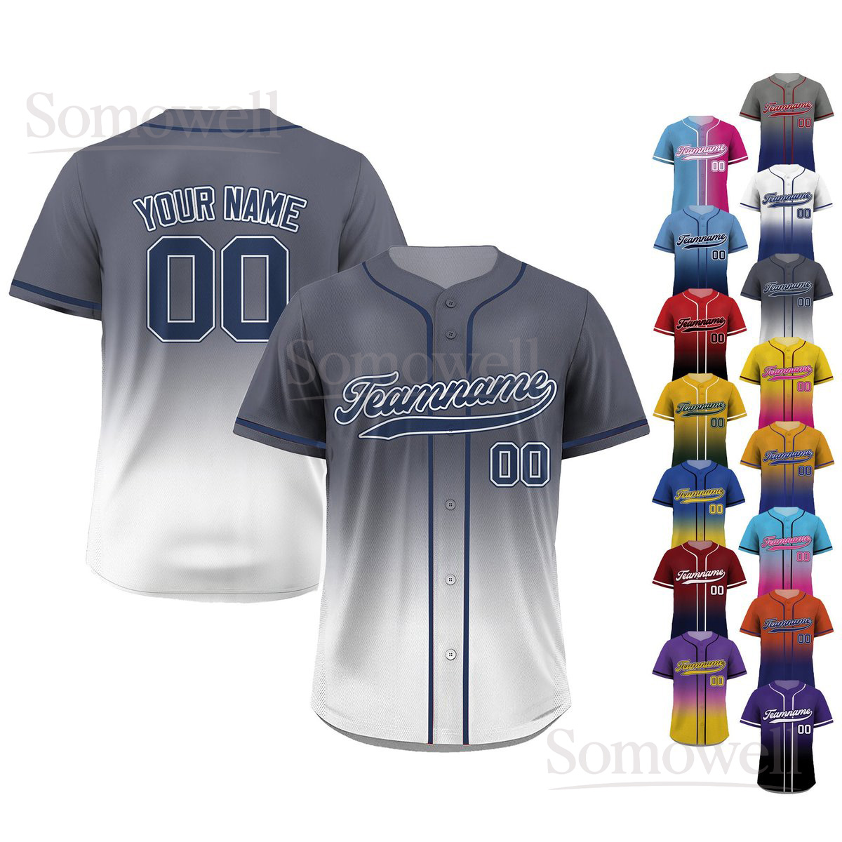 Printed White Gray Gradient Custom Baseball Jersey with Teamname Name Number Personalized Outfit Multi Color Edition