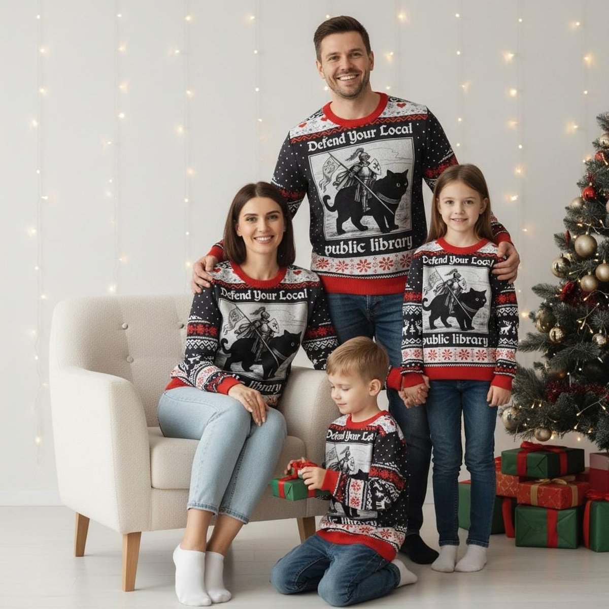 Defend Your Local Public Library Ugly Christmas Sweater Vintage Cat Knight Reading Holiday Gift