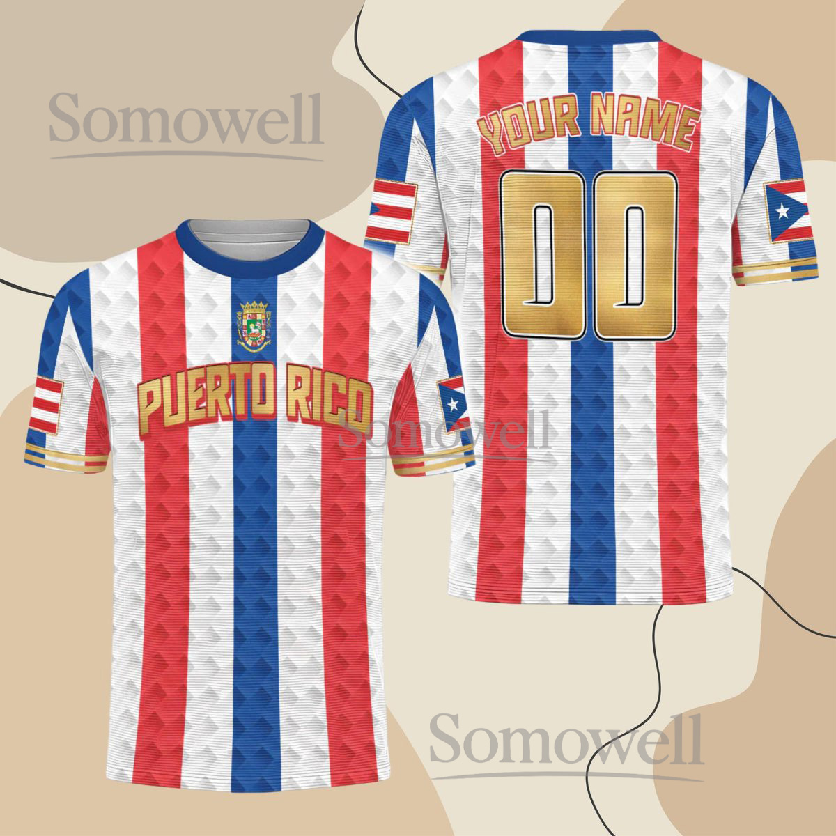 Puerto Rico Flag Baseball Jersey Shirt Red White Blue Stripes Custom Name Number Gift