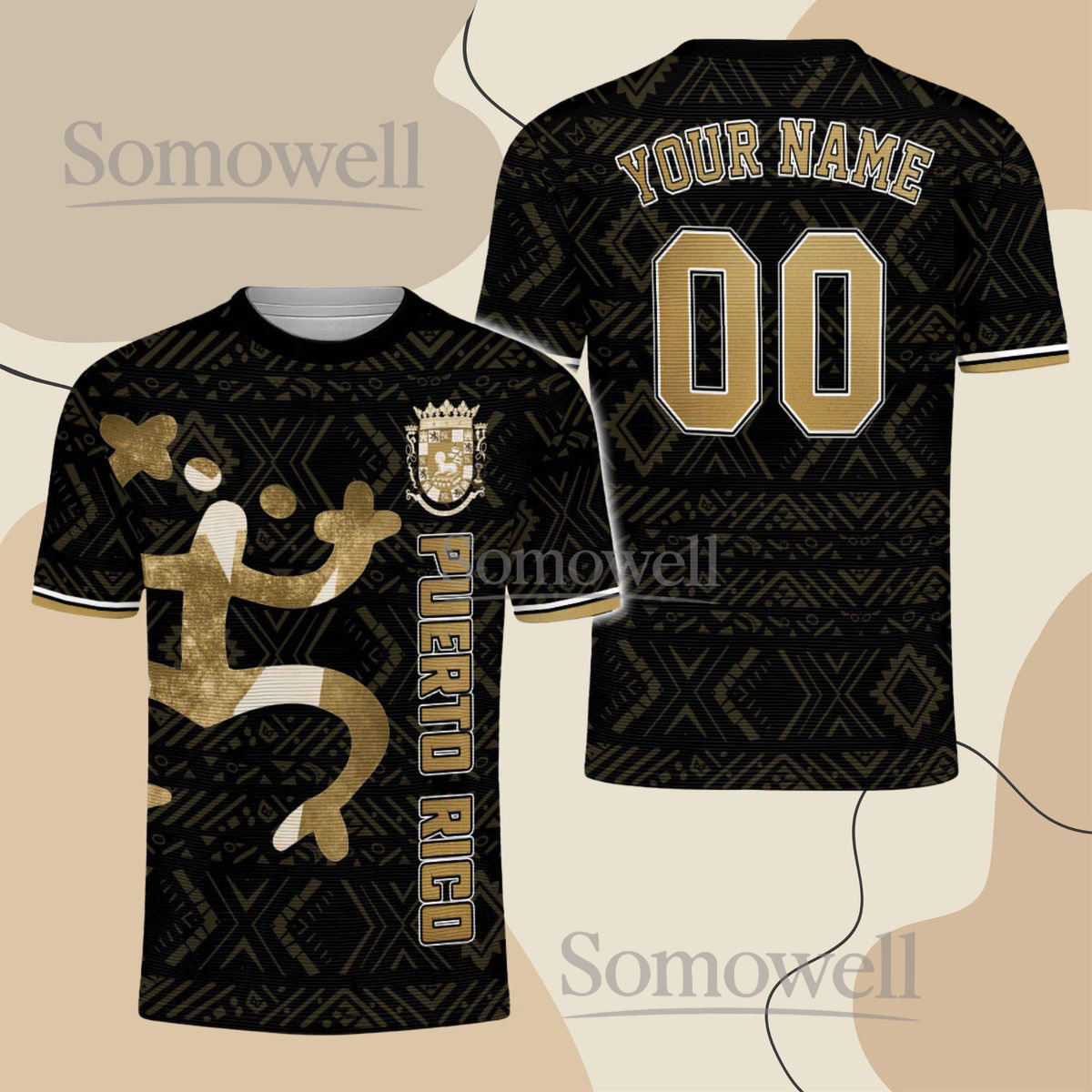 Puerto Rico Taíno Jersey Custom Name Number Black Gold Unisex Shirt
