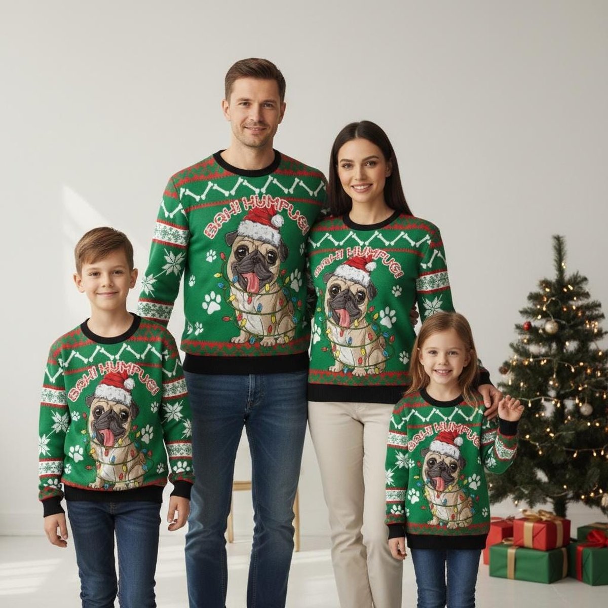 Bah Humpug Funny Pug Dog Ugly Christmas Sweater Green Red Jumper