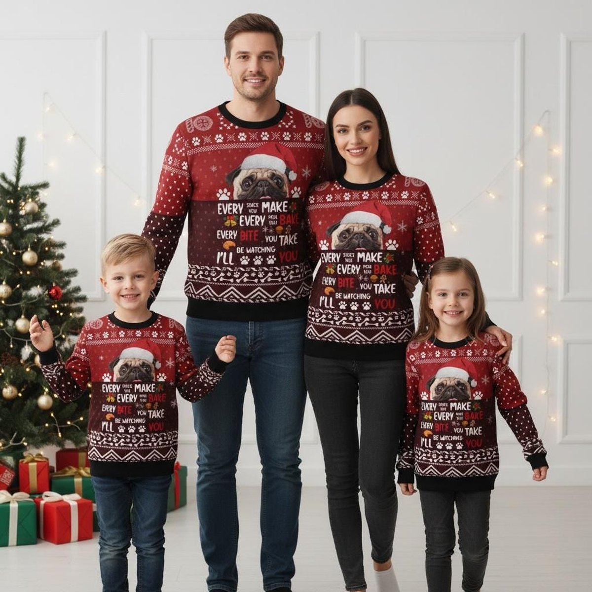 Every Snack You Make Pug Dog Funny Ugly Christmas Sweater Red White Jumper