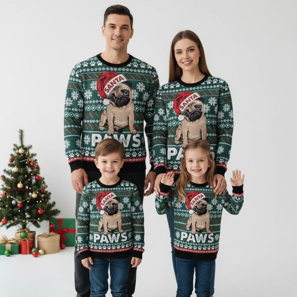 Pug Santa Paws Green Ugly Christmas Sweater Holiday Knit Gift