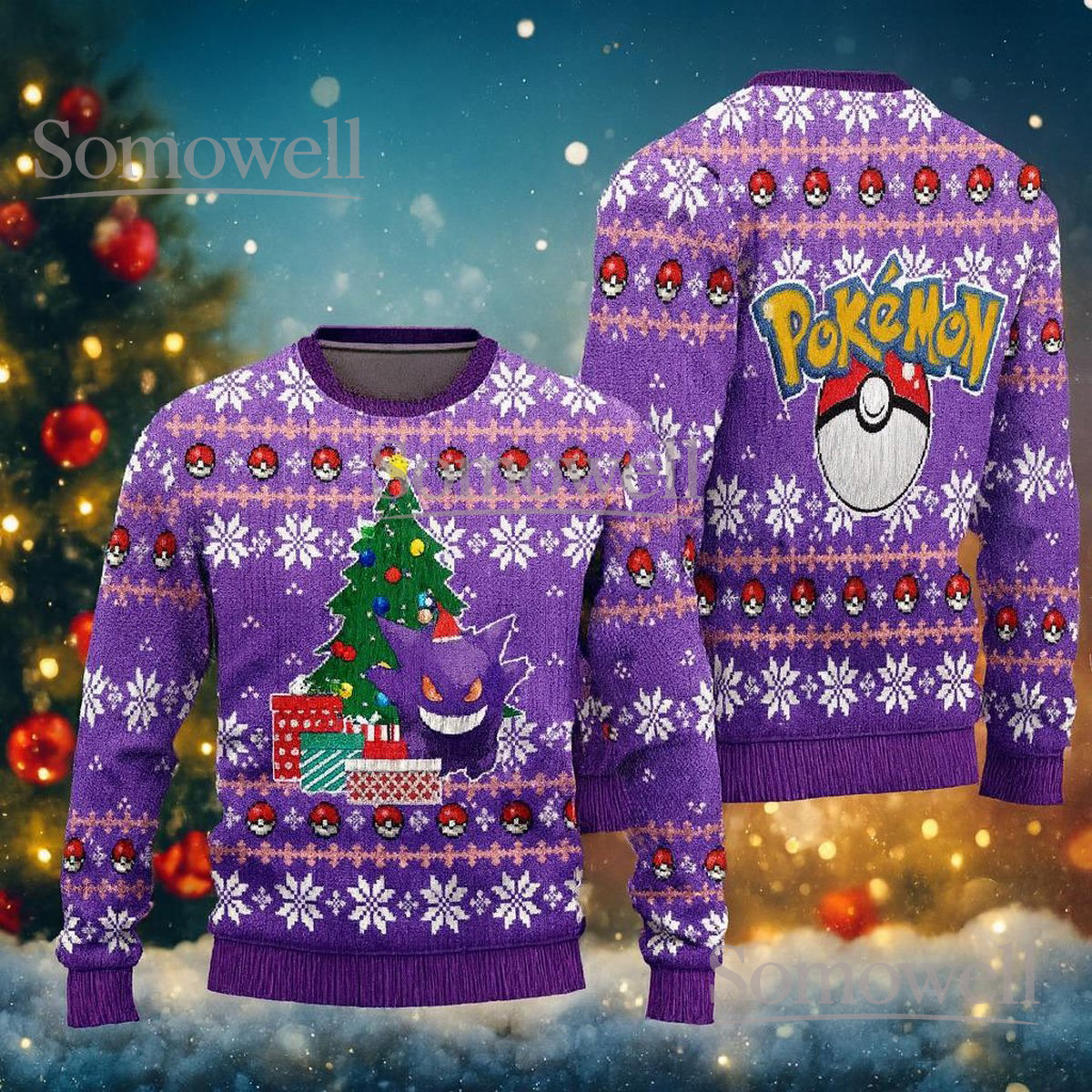 Pokémon Gengar Ugly Christmas Sweater Purple Gamer Holiday Gift