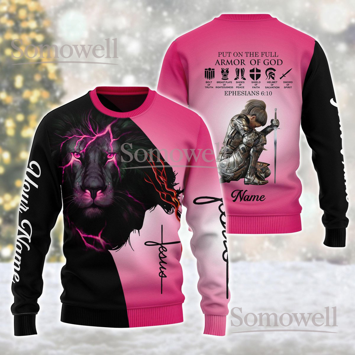 Armor Of God Jesus Lion Ugly Christmas Sweater Christian Faith Holiday Knit Jumper Gift