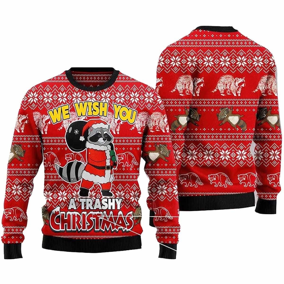 Raccoon We Wish You A Trashy Ugly Christmas Sweater Holiday Knit Gift