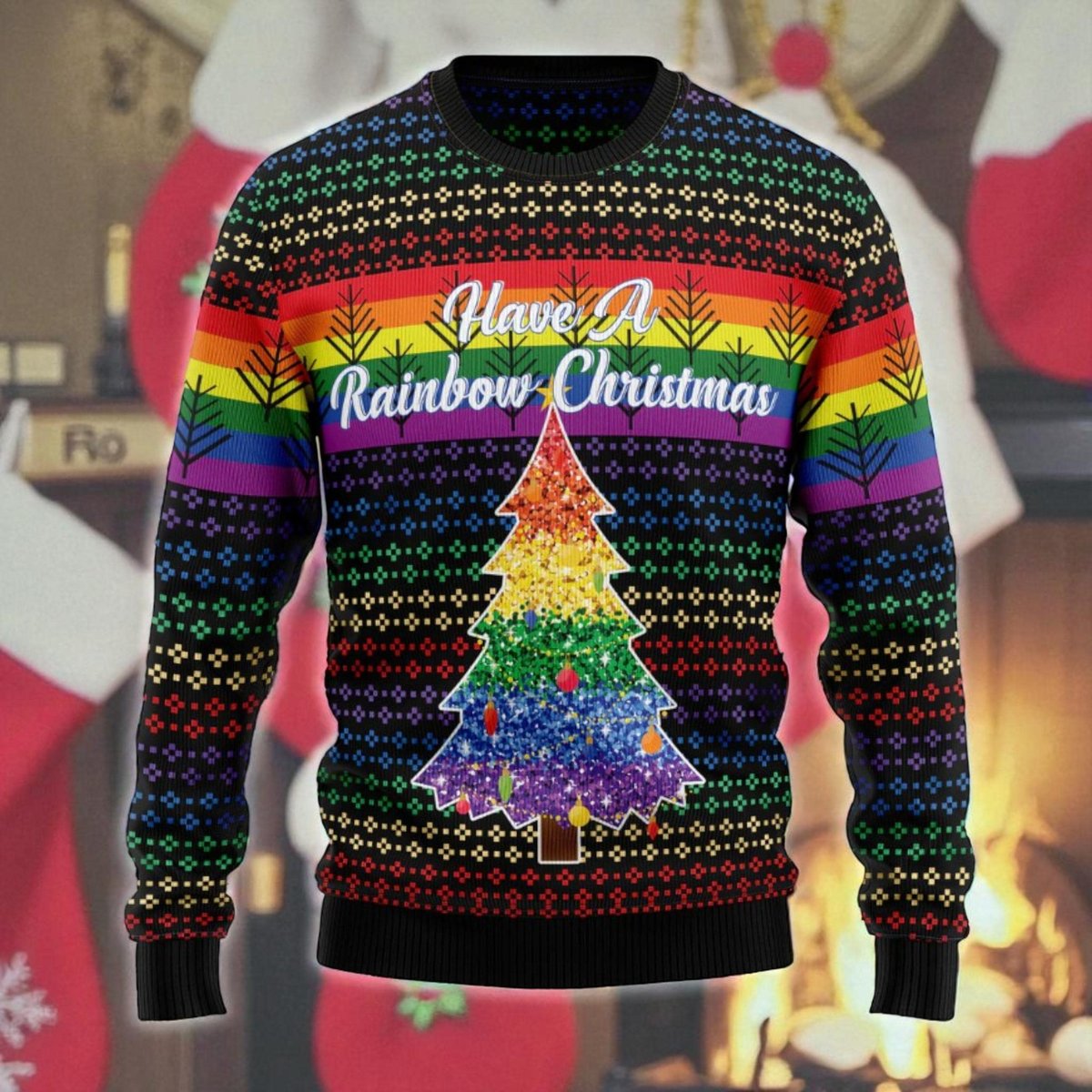 Have A Rainbow Christmas Tree Ugly Christmas Sweater Colorful Pride Holiday Knit Jumper