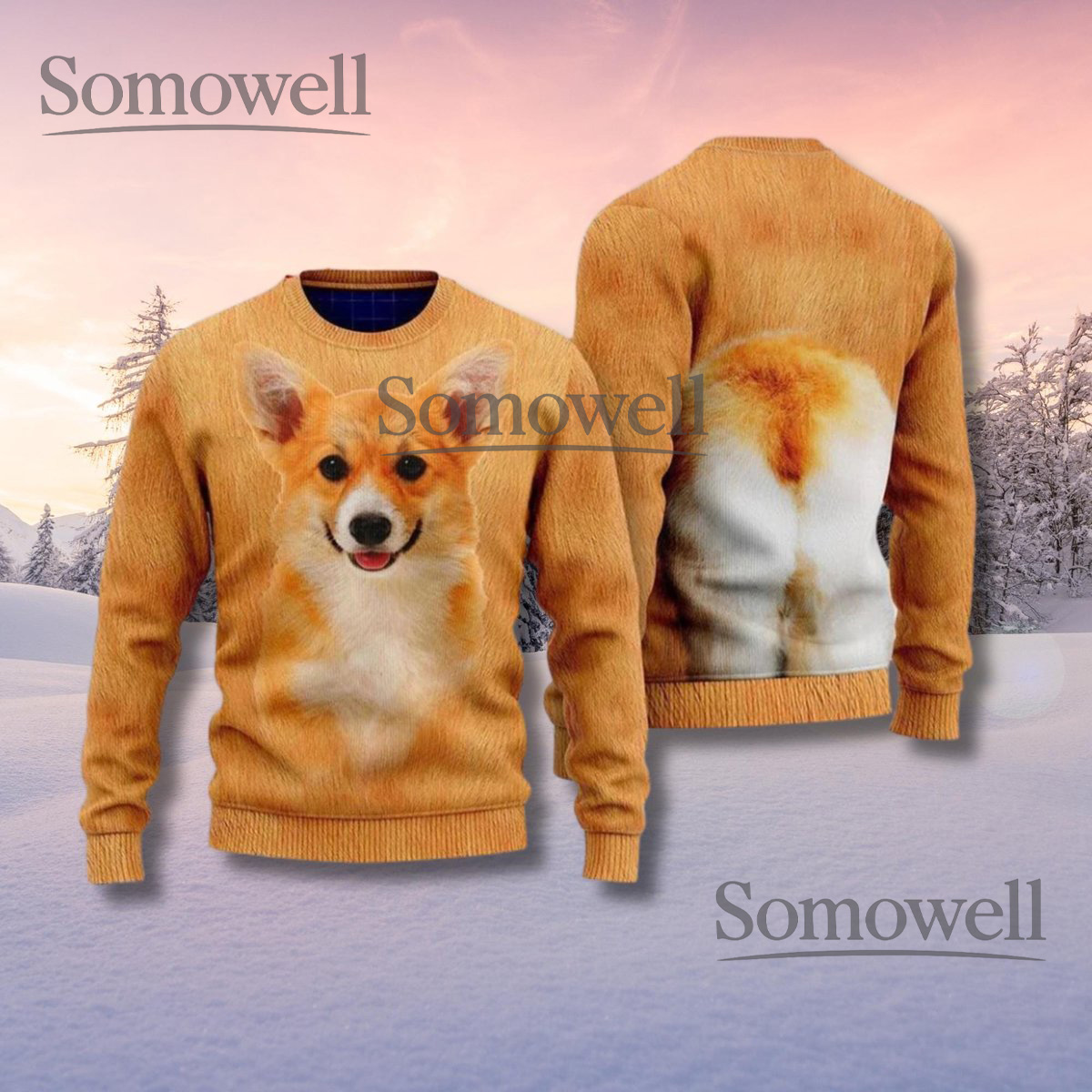 Realistic Corgi Christmas Sweater Funny Dog Front and Back Design