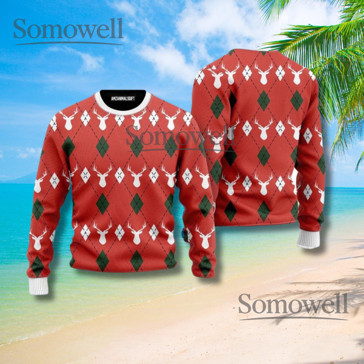 Red Argyle Reindeer Christmas Sweater Classic Vintage Plaid Holiday Knit Jumper