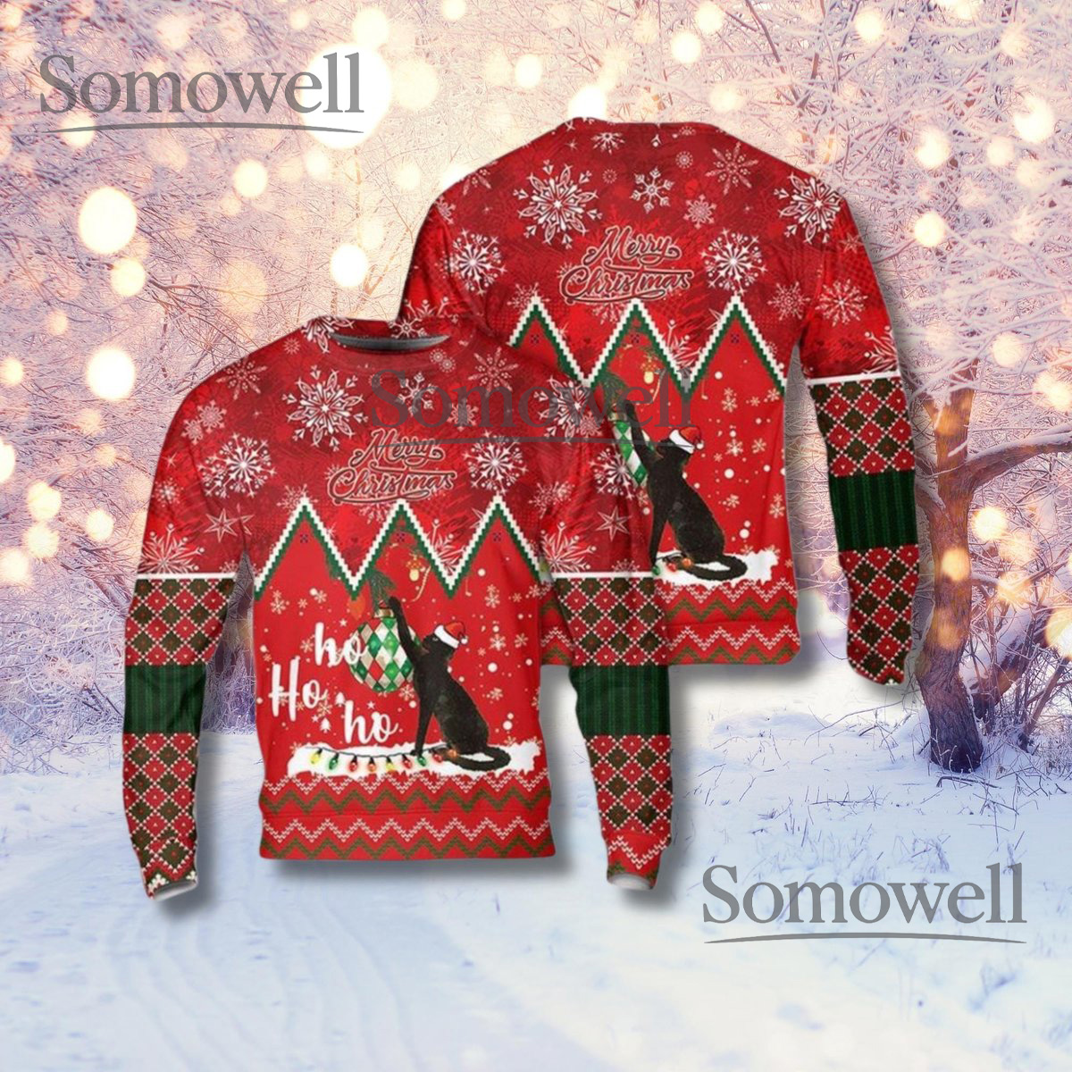 Red Black Cat Christmas Sweater Unisex Holiday Jumper