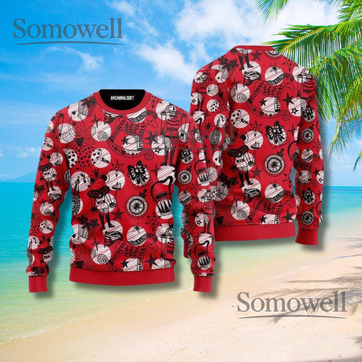 Red Doodle Ornament Christmas Sweater Cute Pattern Festive Holiday Knit Jumper