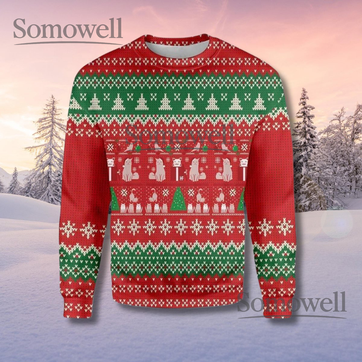 Red Green Cat Christmas Sweater Funny Holiday Style Pullover