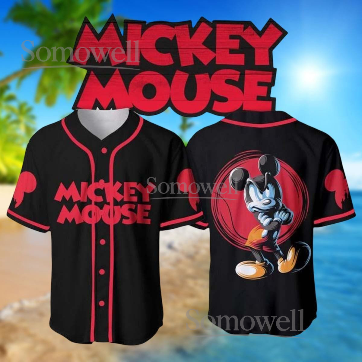 Personalized Red Mickey Mouse Baseball Jersey with Custom Name and Number, Fun Cartoon Theme