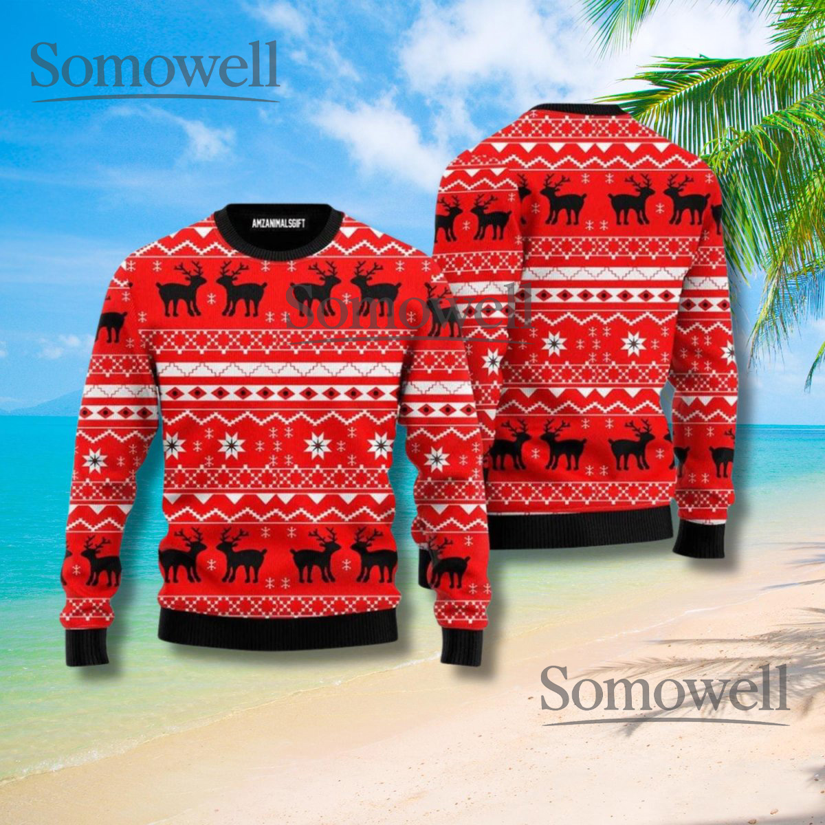 Red Reindeer Fair Isle Christmas Sweater Unisex Knit Pullover