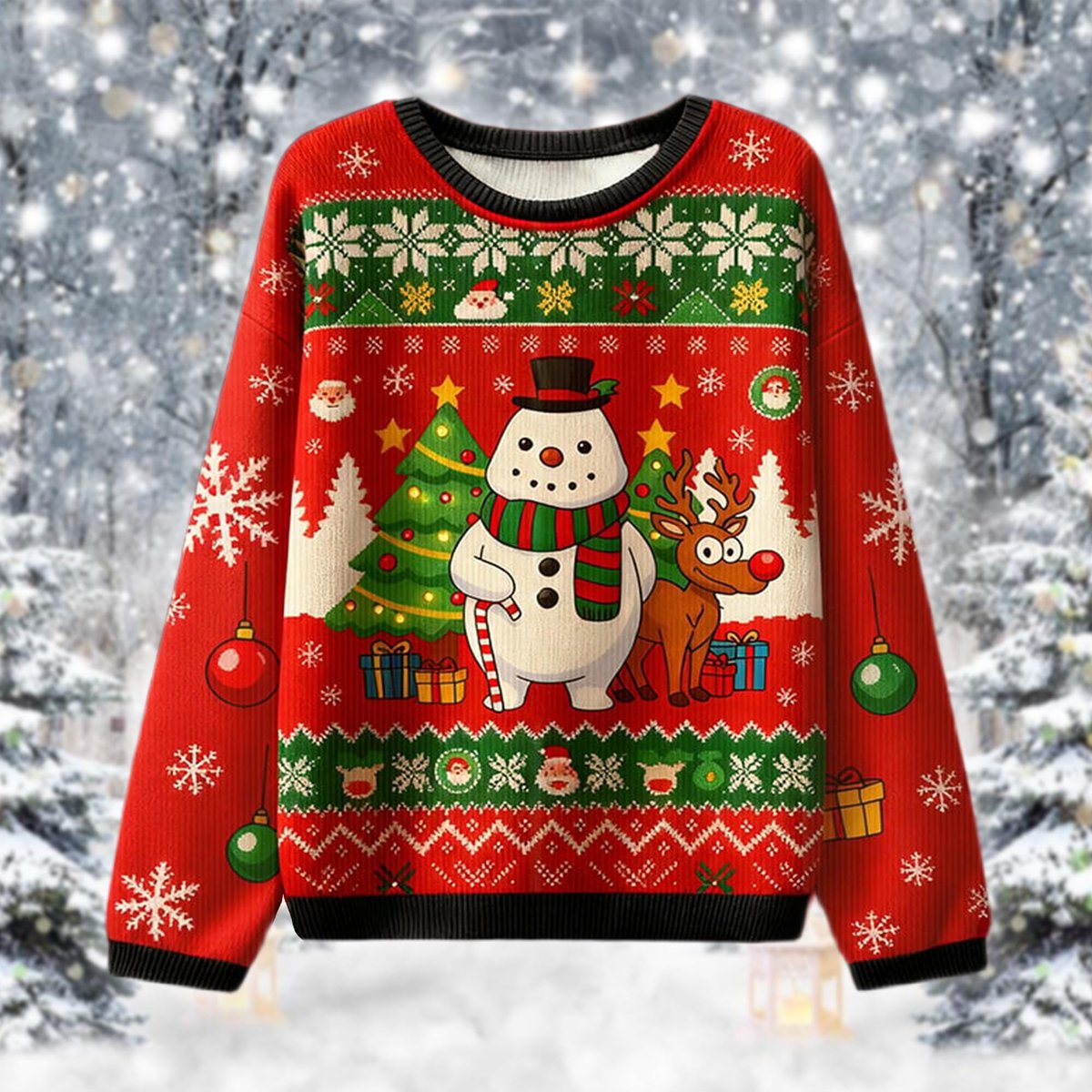 Red Snowman Reindeer Ugly Sweater Cute Cartoon Festive Christmas Gift