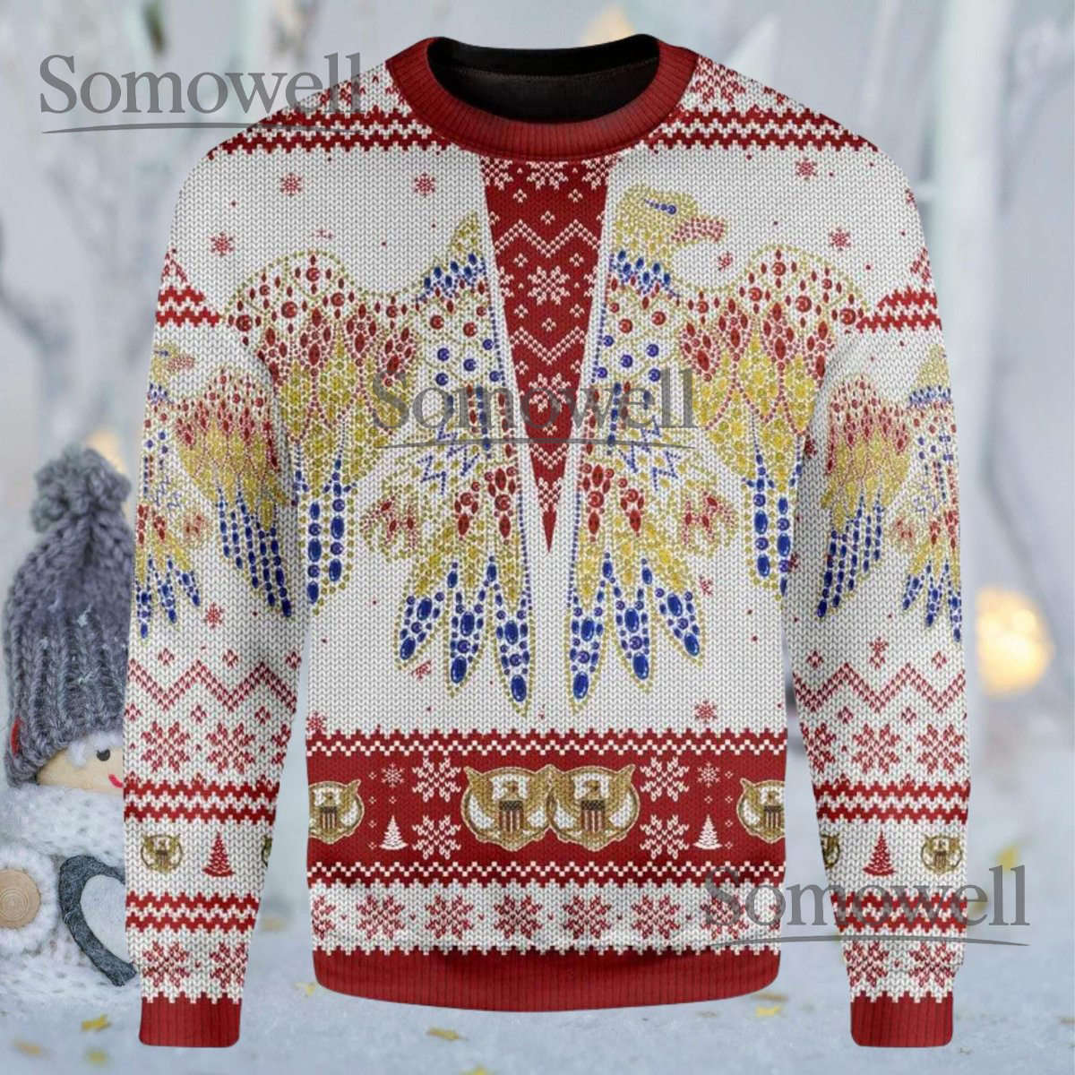 Regal Eagle Wings White Red Ugly Christmas Sweater Patriotic Fair Isle Knit Jumper