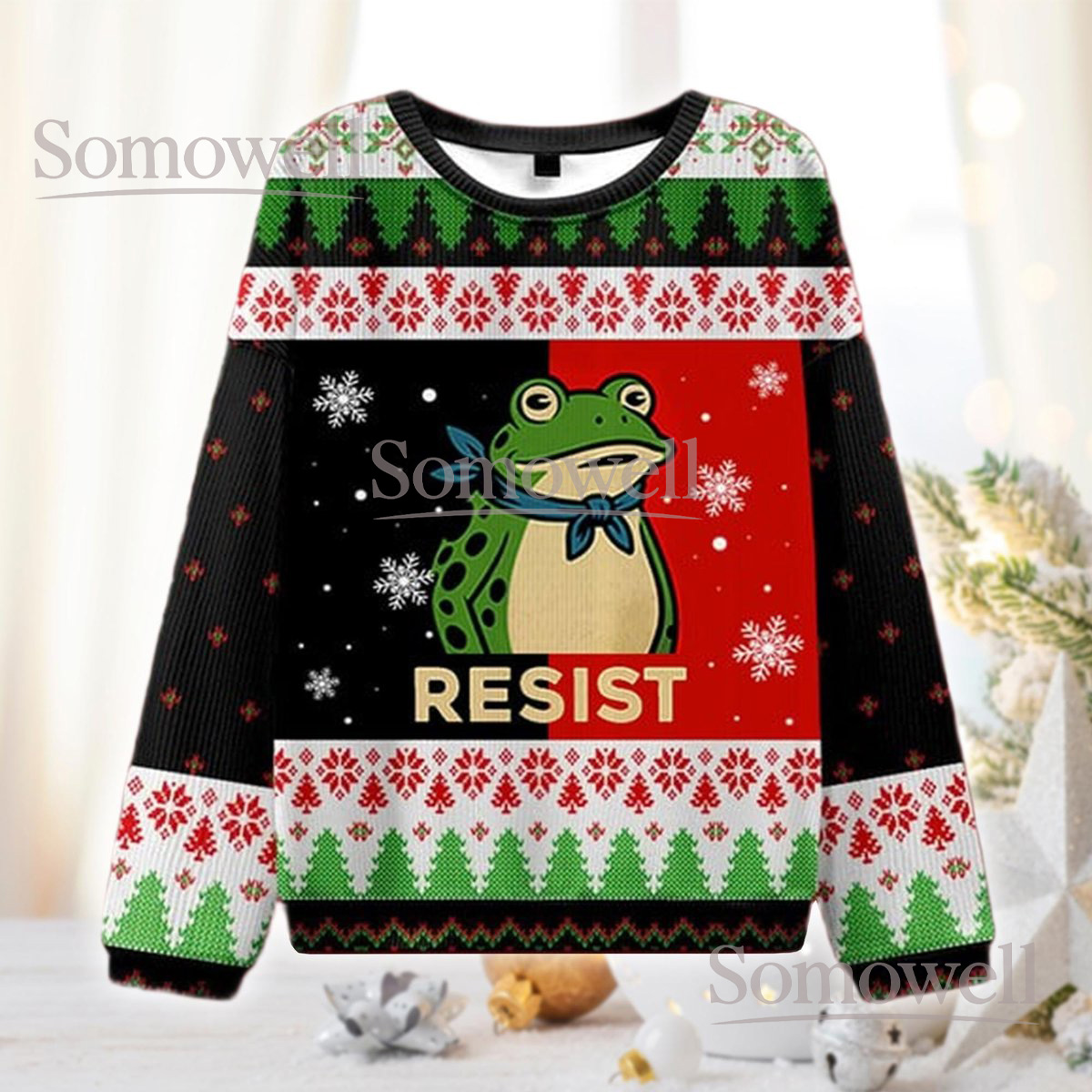 Resist Frog Meme Ugly Christmas Sweater Funny Political Cartoon Holiday Knit Jumper Gift