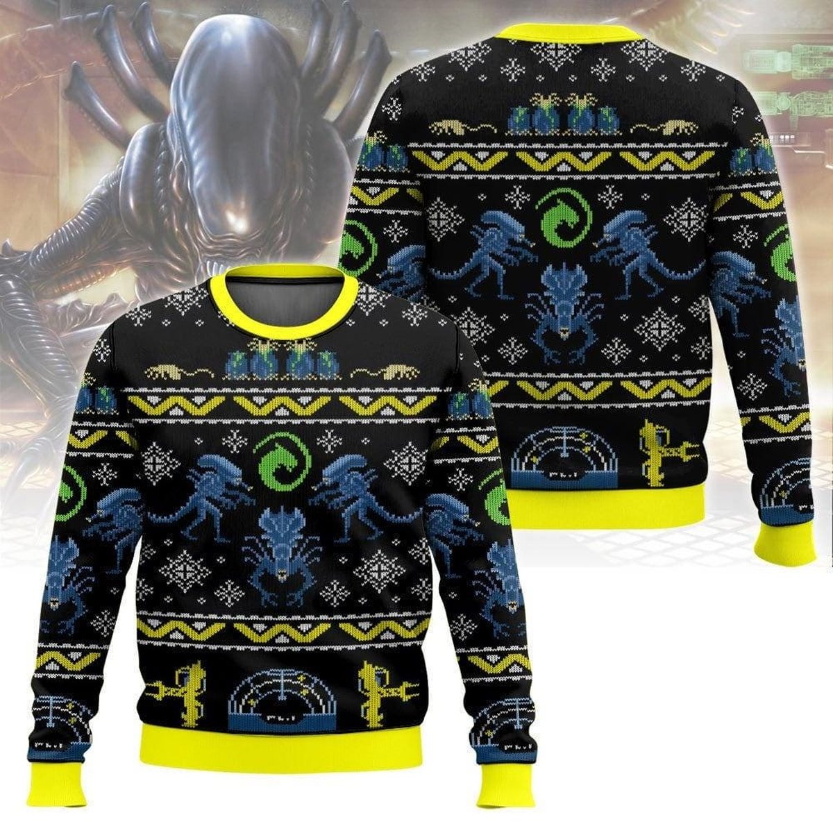 Alien Xenomorph Black Ugly Christmas Sweater Retro Sci-Fi Movie Holiday Knit Jumper