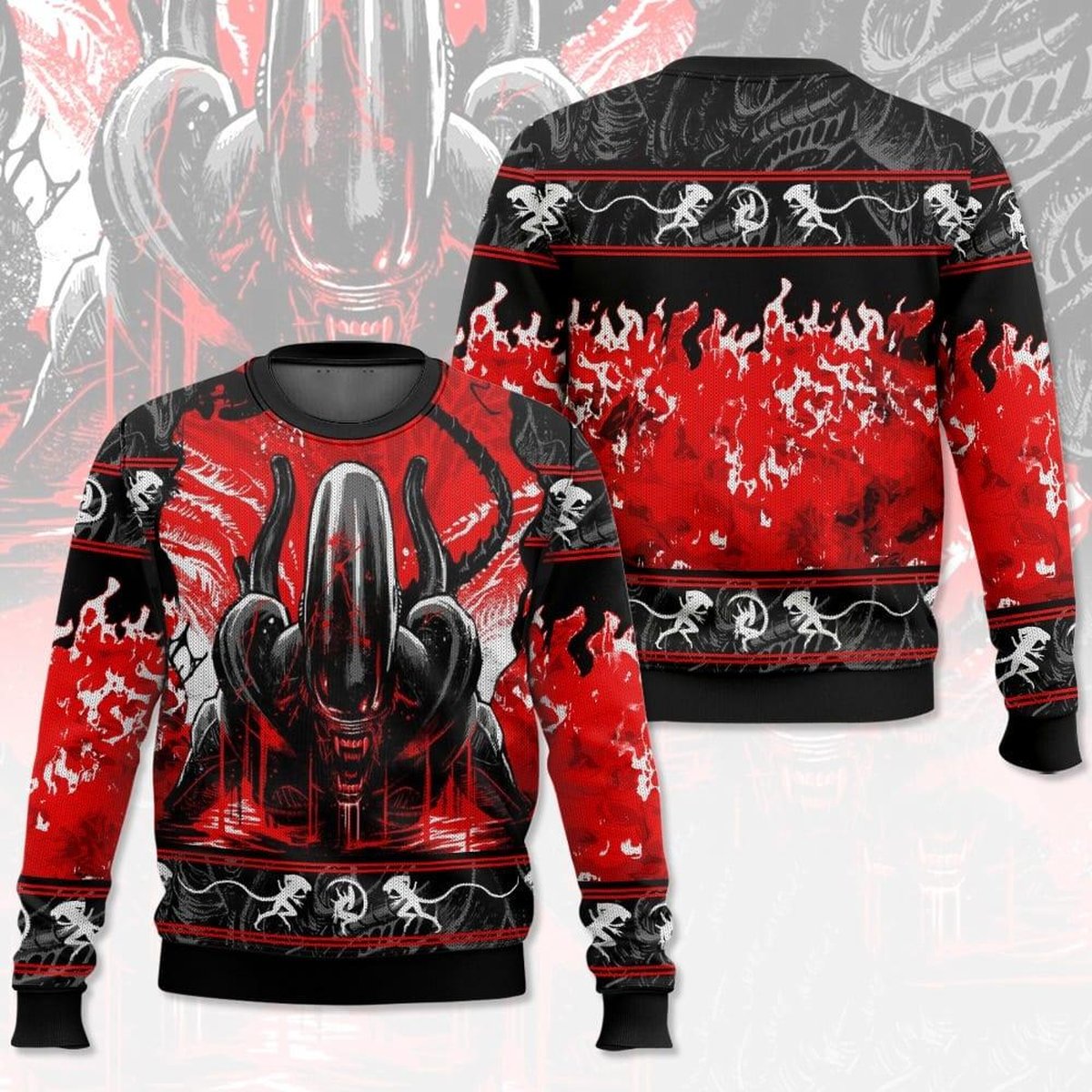 Alien Xenomorph Horror Movie Ugly Christmas Sweater Red Black Sci-Fi Holiday Pullover Gift