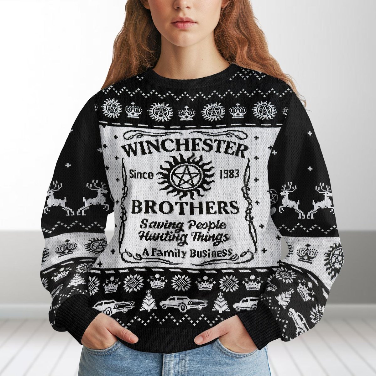 Supernatural Winchester Brothers Knit Ugly Sweater Funny TV Show Fans Christmas Gift