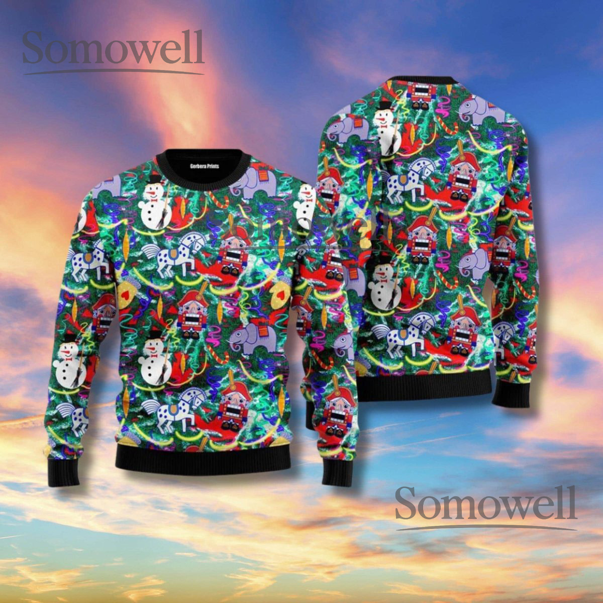 Retro Toyland Christmas Ugly Sweater Snowman Train Elephant Unisex Holiday Jumper