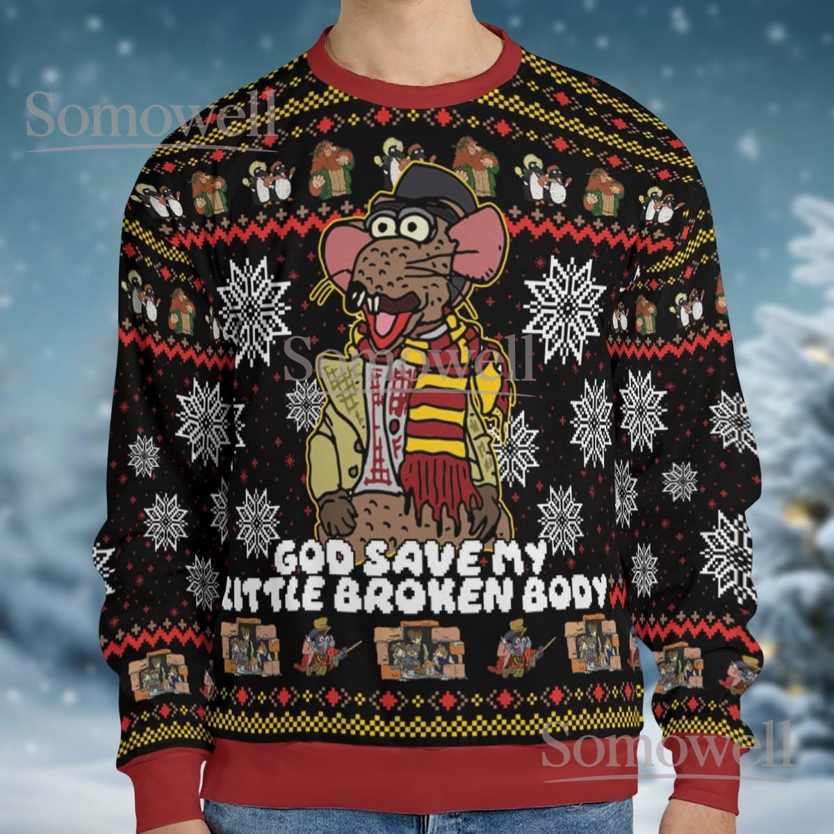 Rizzo the Rat Muppets God Save My Little Broken Body Ugly Christmas Sweater Funny Gift
