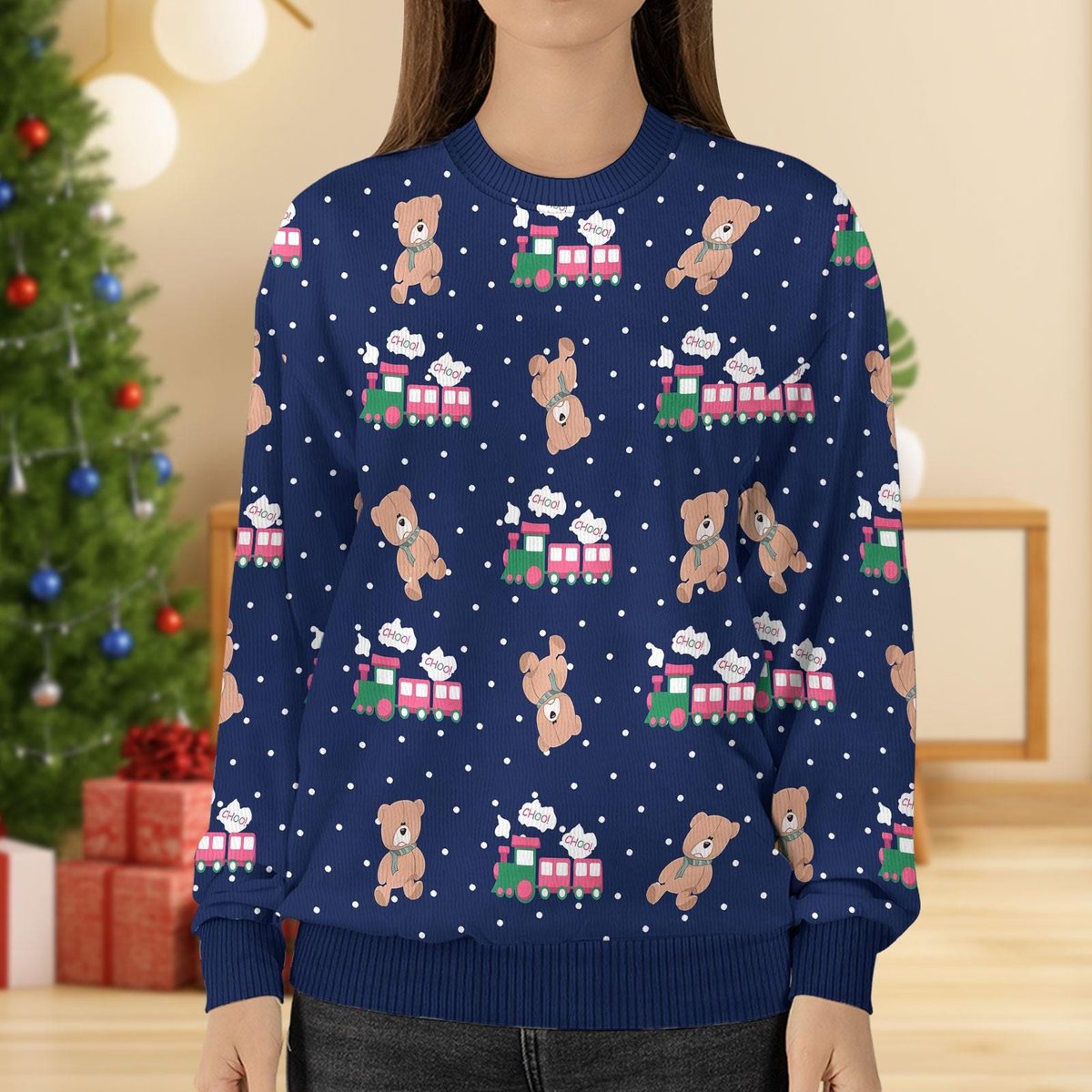 Rumi Choo Choo Bear Train Ugly Sweater Cute Christmas Holiday Gift For Kids