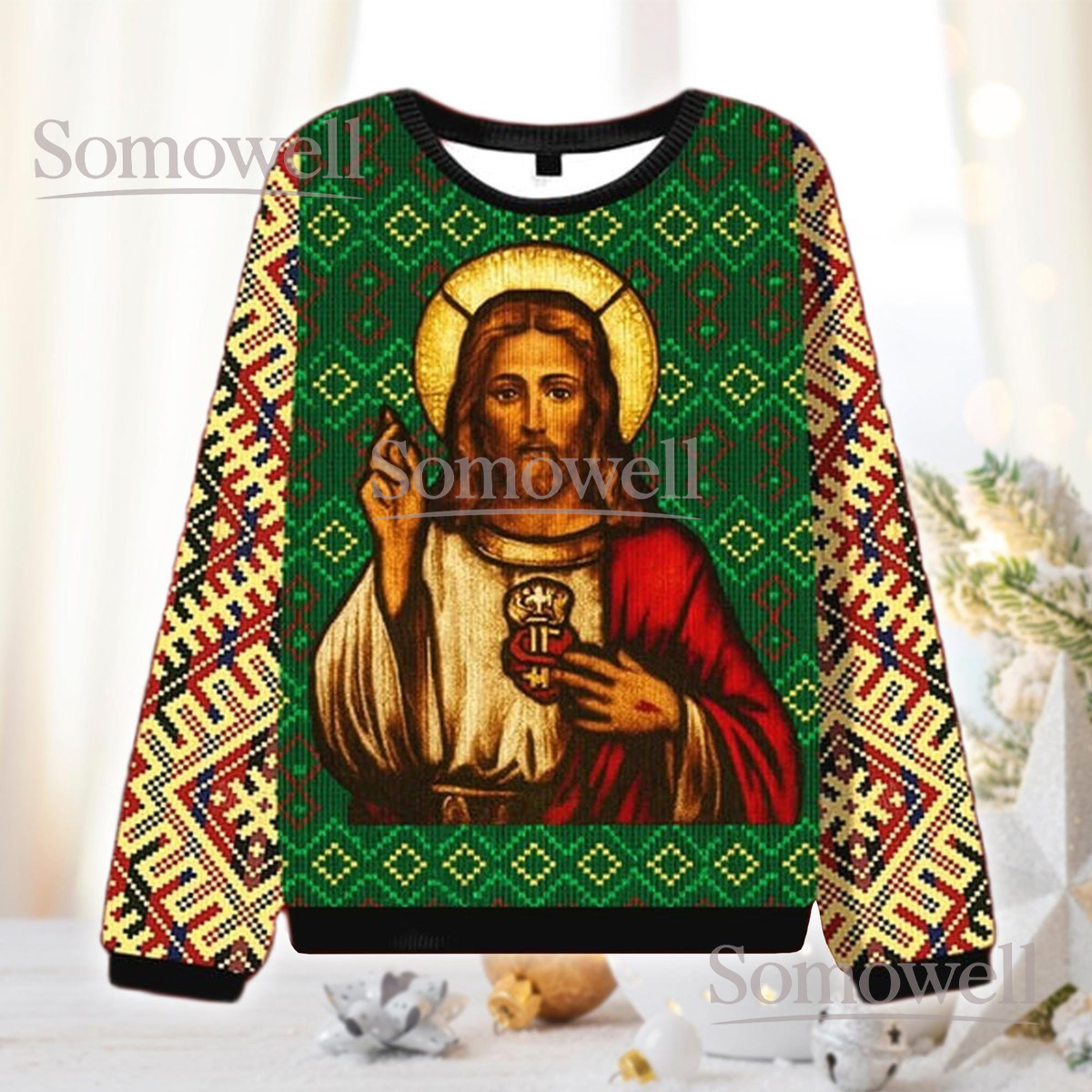 Sacred Heart Jesus Christ Ugly Christmas Sweater Religious Christian Faith Holiday Knit Jumper
