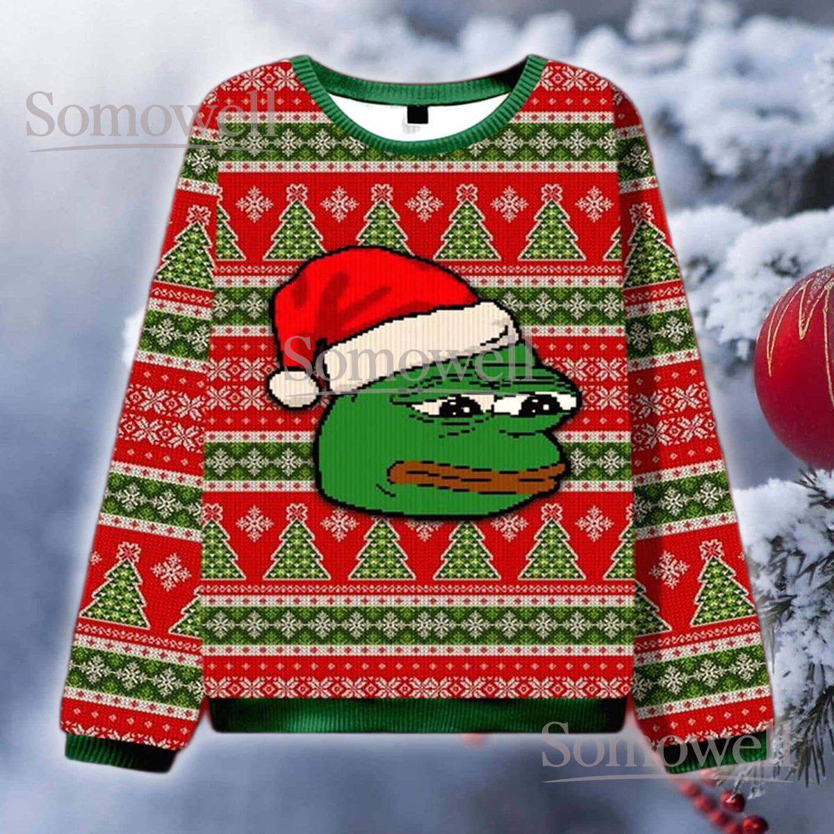 Sad Frog Meme Santa Hat Ugly Christmas Sweater Funny Internet Meme Holiday Knit Jumper Gift