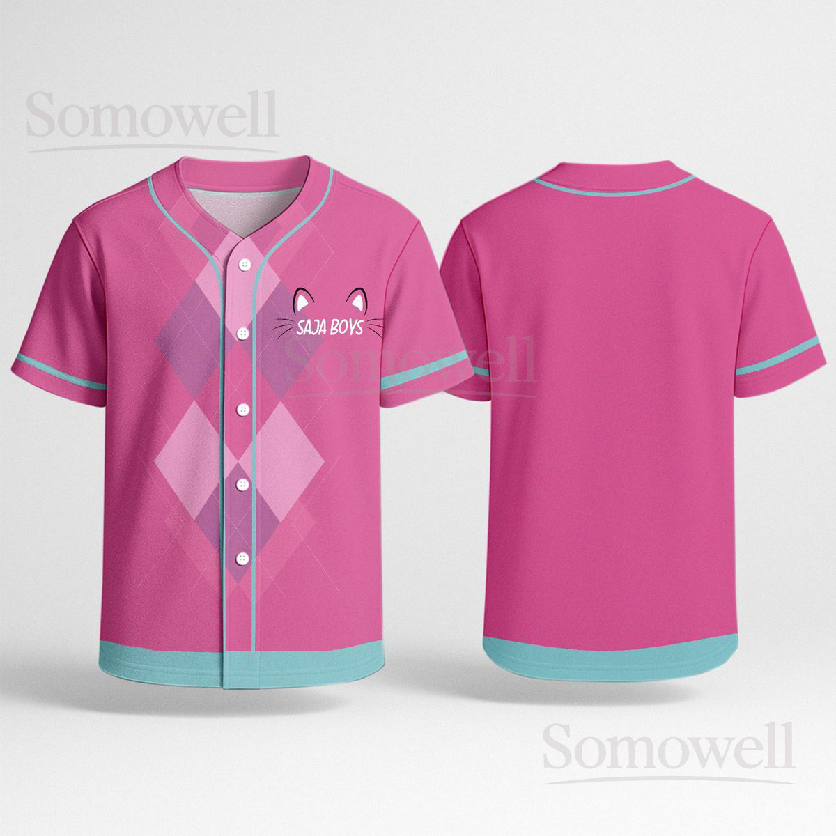 Custom Saja Boys Baseball Jersey Shirt for Fans Pink and Aqua Cat Themed Design Soft Summer Casual Wear