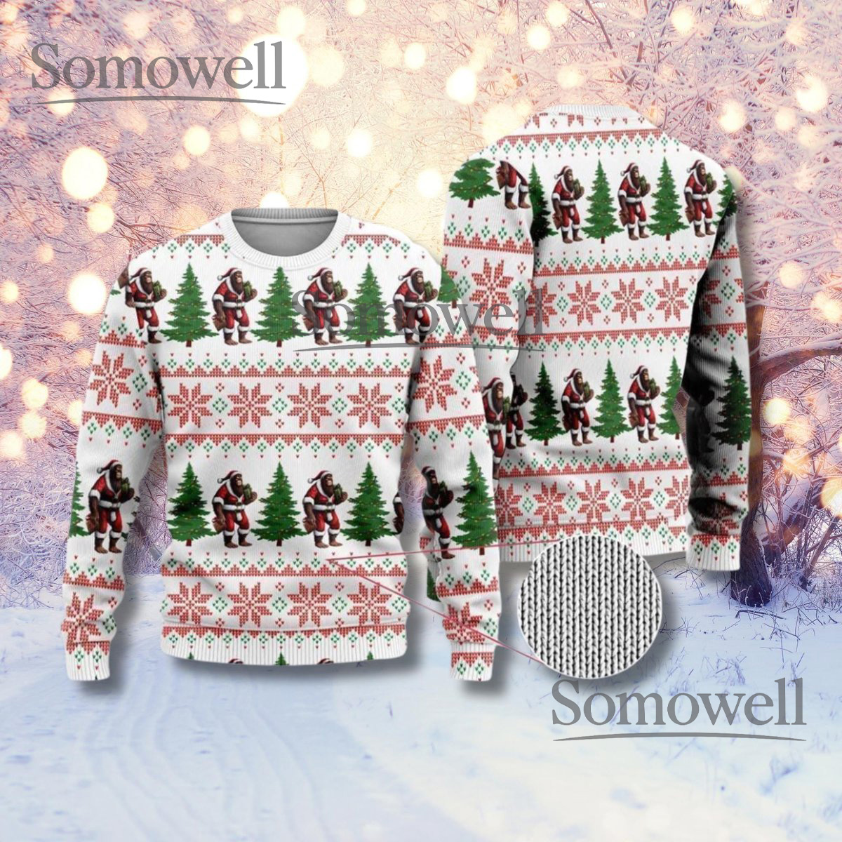 Santa Bigfoot Ugly Christmas Sweater Snowflake Tree Pattern Unisex Holiday Jumper