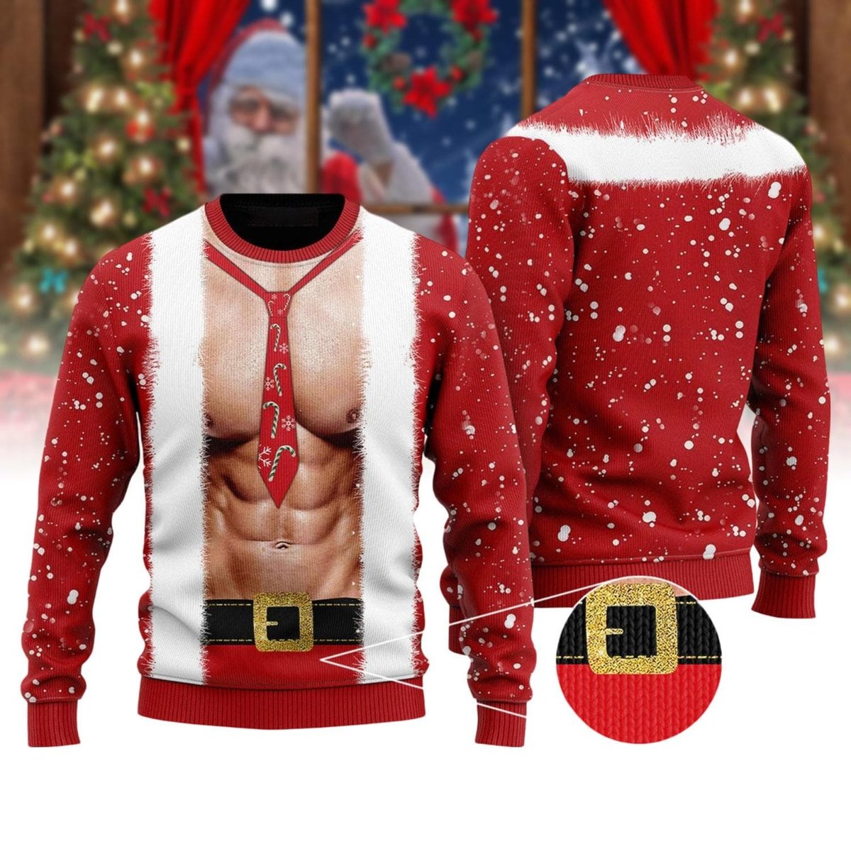 Santa Body Muscle Chest Ugly Sweater Funny Men Christmas Party Holiday Gift