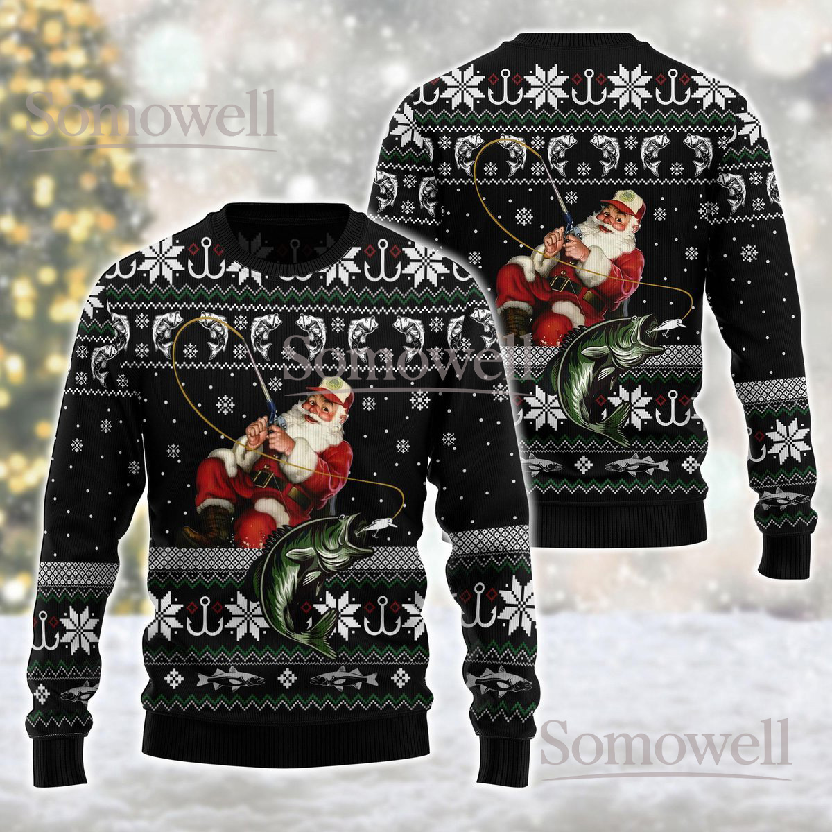 Santa Claus Fishing Ugly Christmas Sweater Funny Fisherman Holiday Knit Jumper Gift