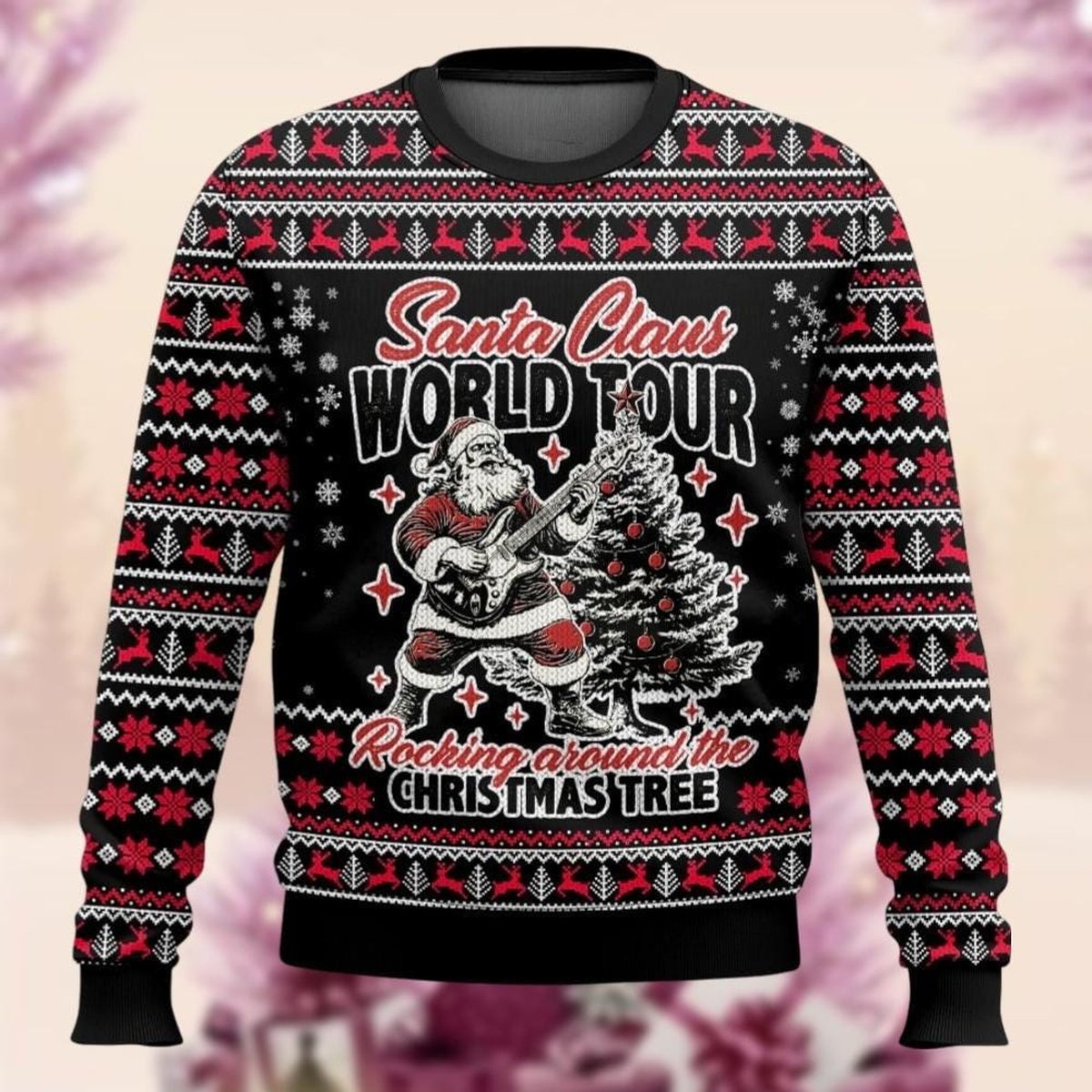 Santa Claus World Tour Black Christmas Ugly Sweater Rock Music Holiday Knit Jumper