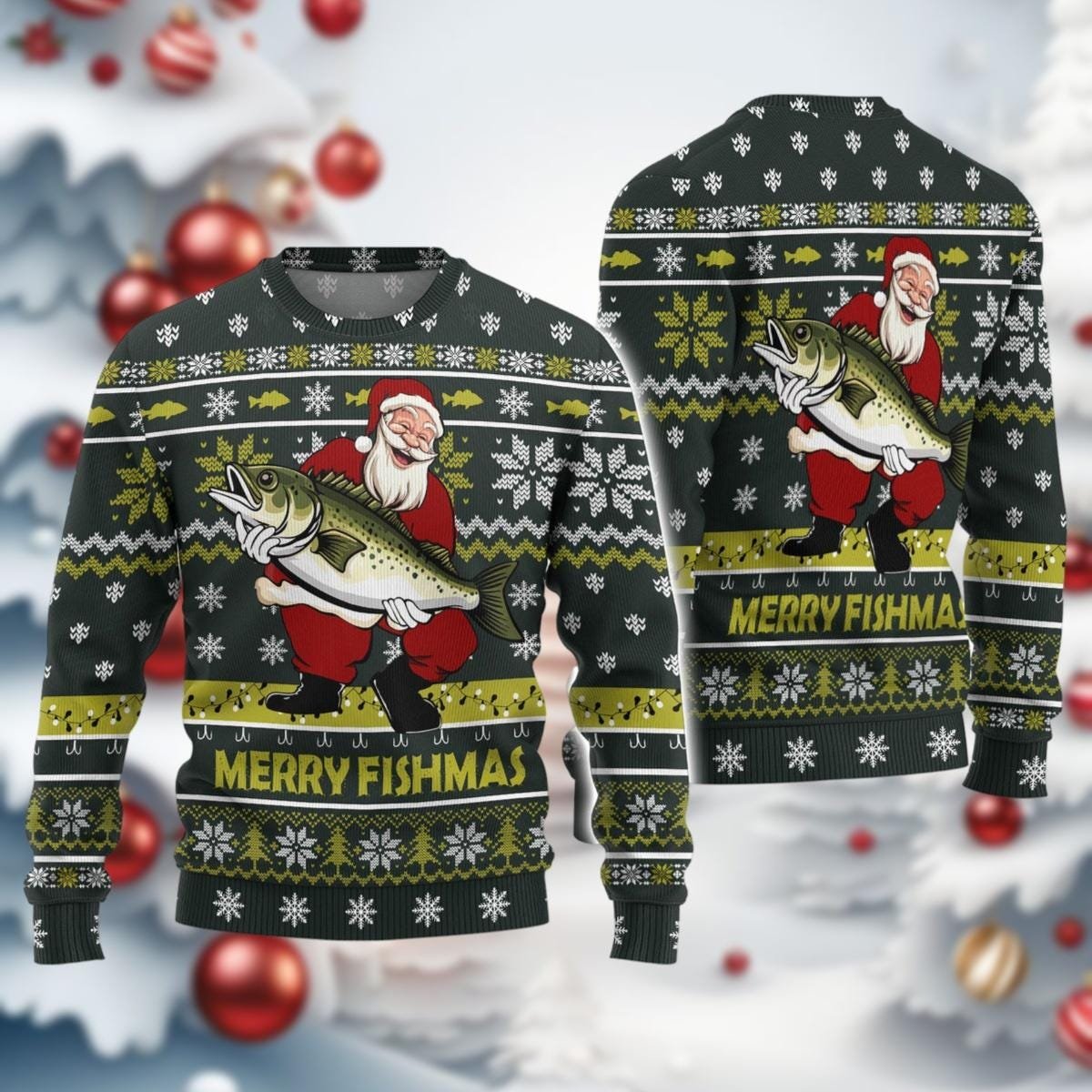 Merry Fishmas Green Christmas Ugly Sweater Funny Santa Fishing Holiday Knit Jumper