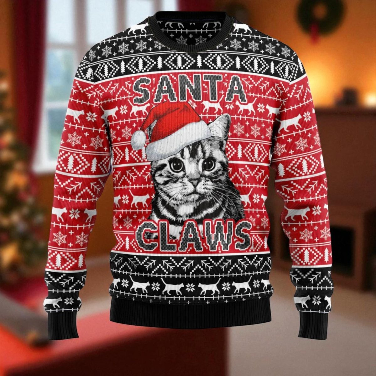 Santa Claws Red Ugly Christmas Sweater Funny Cat Pattern Holiday Knit Jumper