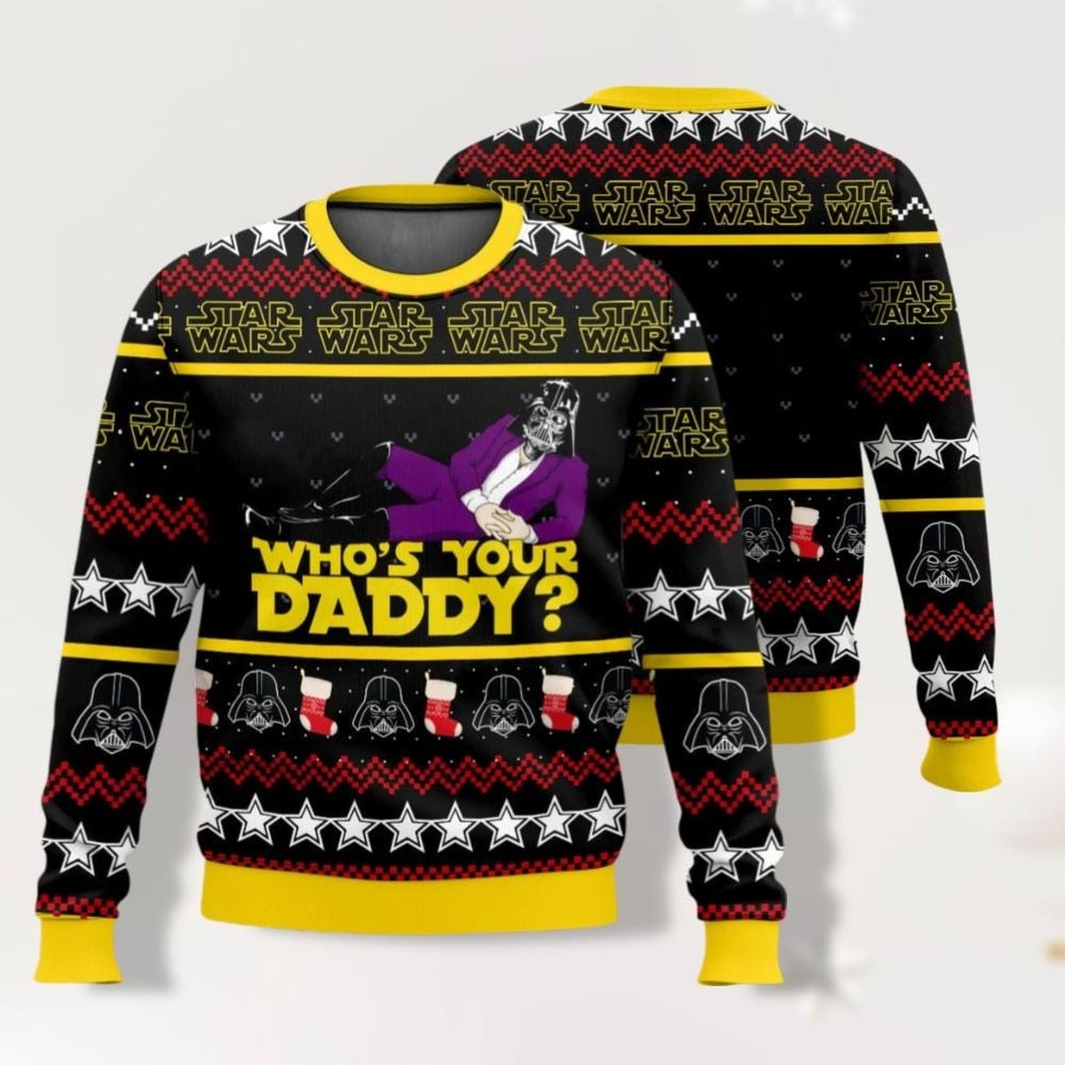 Star Wars Darth Vader Who’s Your Daddy Funny Ugly Christmas Sweater Black Yellow Jumper