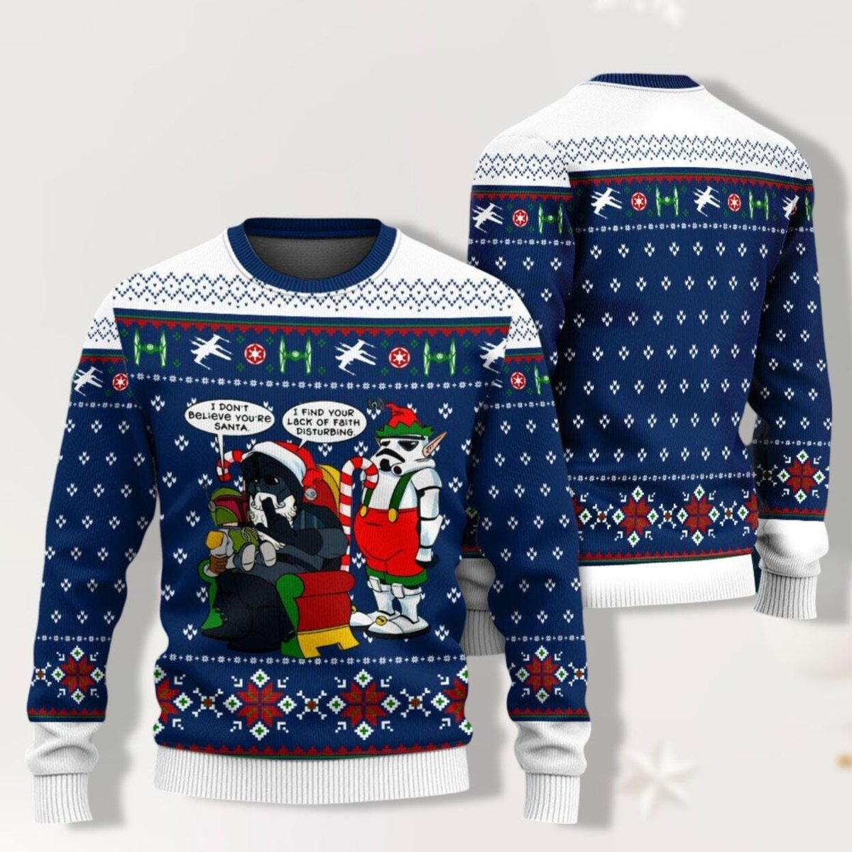 Star Wars Darth Vader and Stormtrooper Believe Santa Funny Ugly Christmas Sweater Blue Jumper