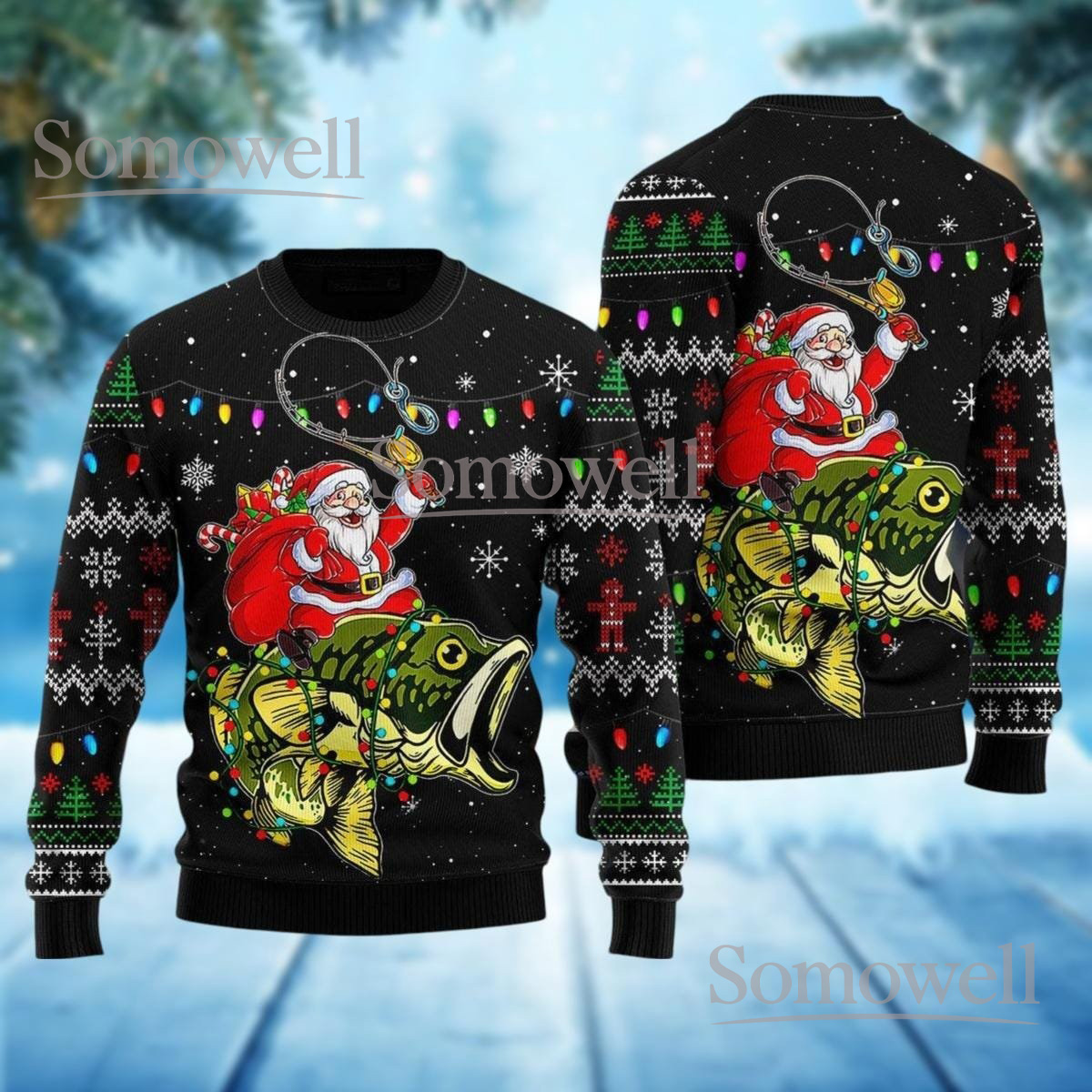 Santa Riding Fish Ugly Christmas Sweater Funny Fisherman Holiday Knit Jumper Gift