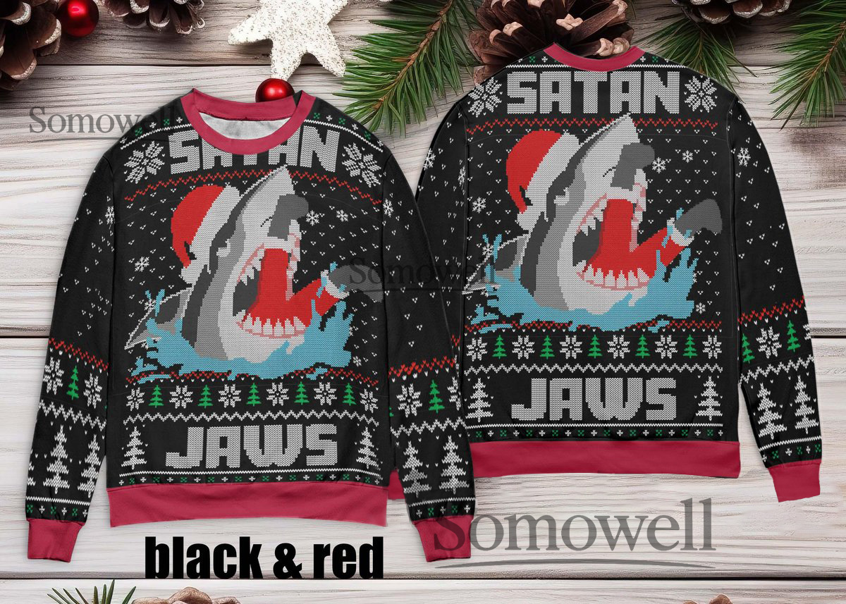 Santa Jaws Shark Christmas Sweater Holiday Sweater with Shark Theme in Many Colors