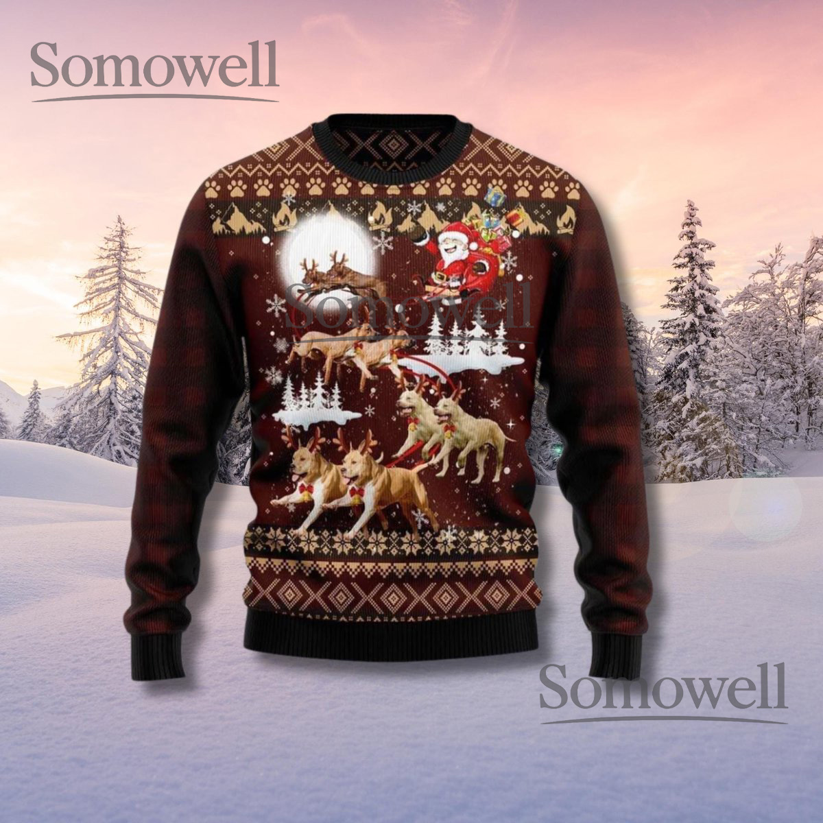 Santa Sled Dog Christmas Sweater Funny Ugly Holiday Knit Pullover