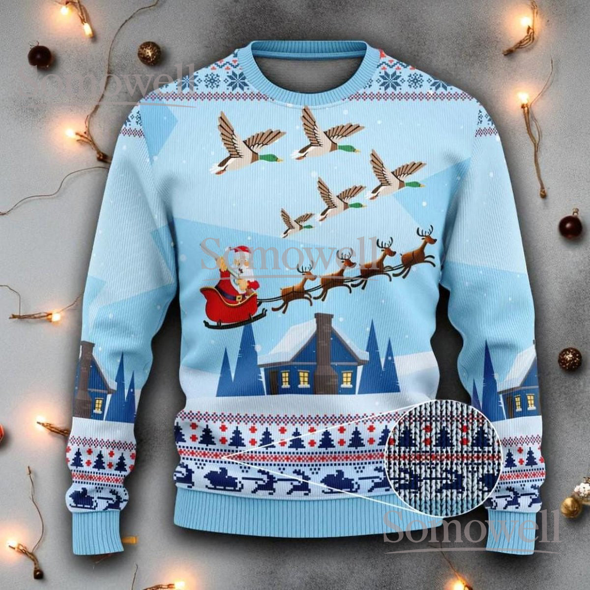 Santa Sleigh Christmas Light Blue Ugly Sweater Festive Holiday Knit Jumper