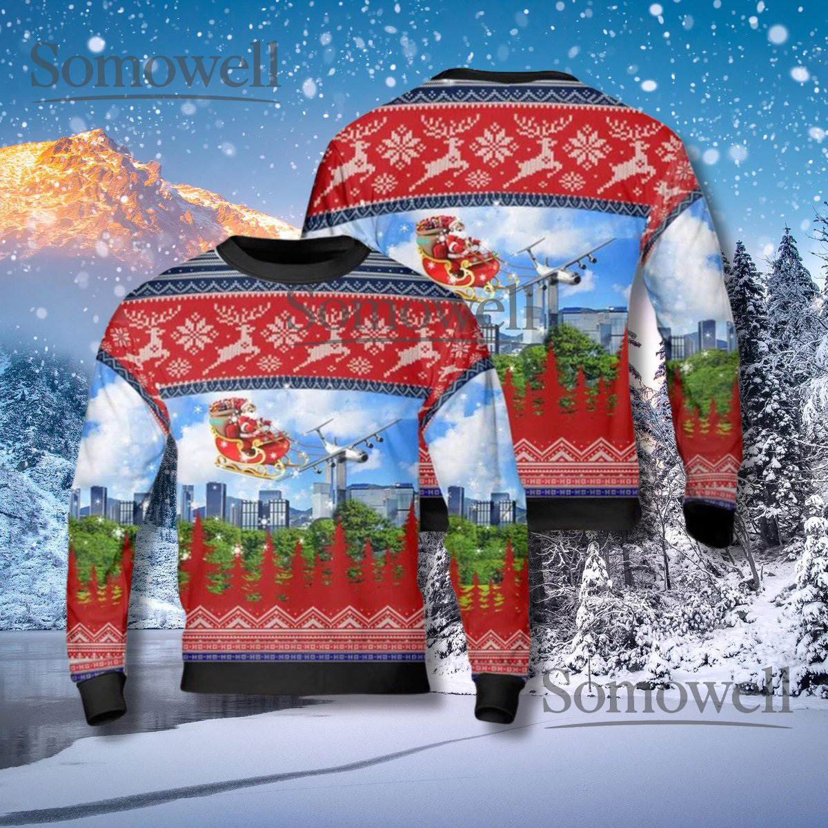 Santa Sleigh Over City Ugly Christmas Sweater Airplane Red Fair Isle Holiday Knit