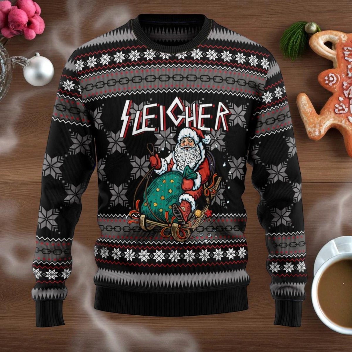 Santa Sleigher Black Ugly Christmas Sweater Heavy Metal Rock Holiday Knit Jumper