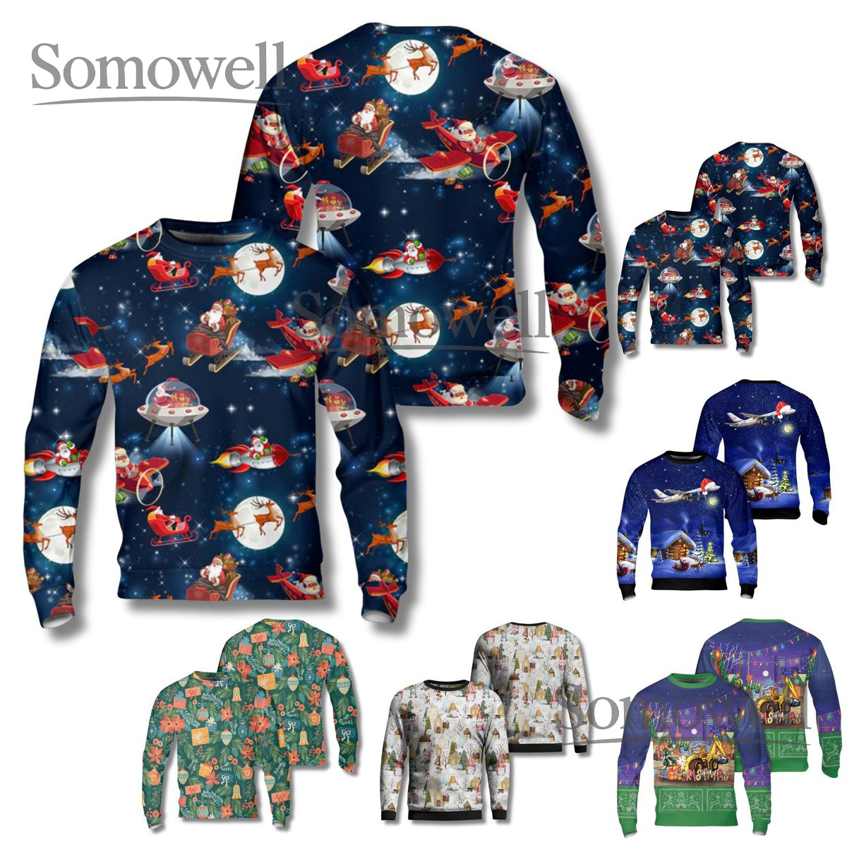 Santa UFO Christmas Sweater Funny Alien Spaceship Xmas Pullover