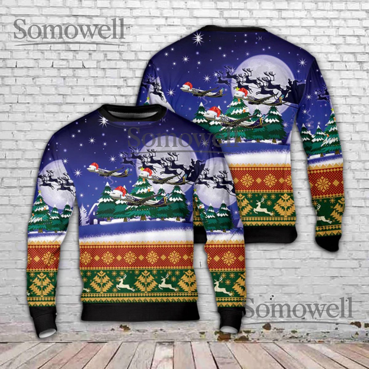 Santa39s Sleigh Christmas Sweater Unisex Xmas Tree Pattern Pullover