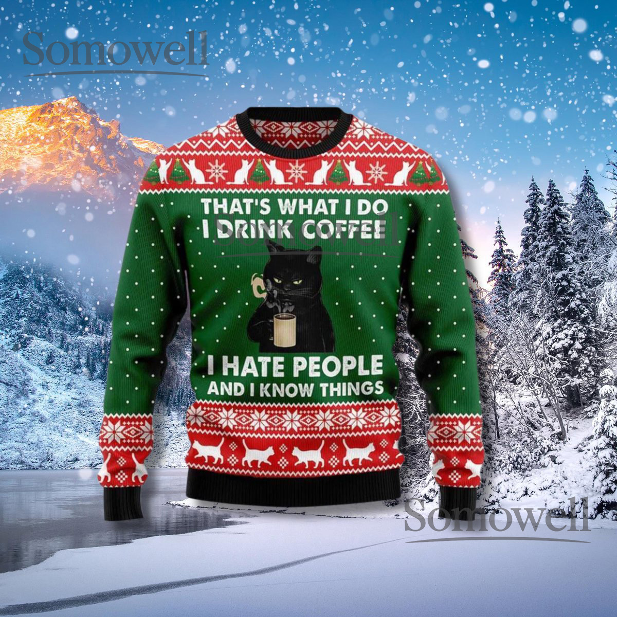 Sarcastic Black Cat Coffee Ugly Christmas Sweater - Funny Holiday Pullover
