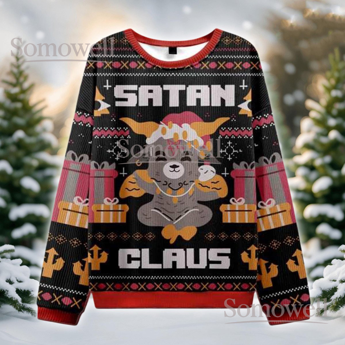 Satan Claus Ugly Christmas Sweater Funny Goat Demon Parody Holiday Knit Jumper Gift